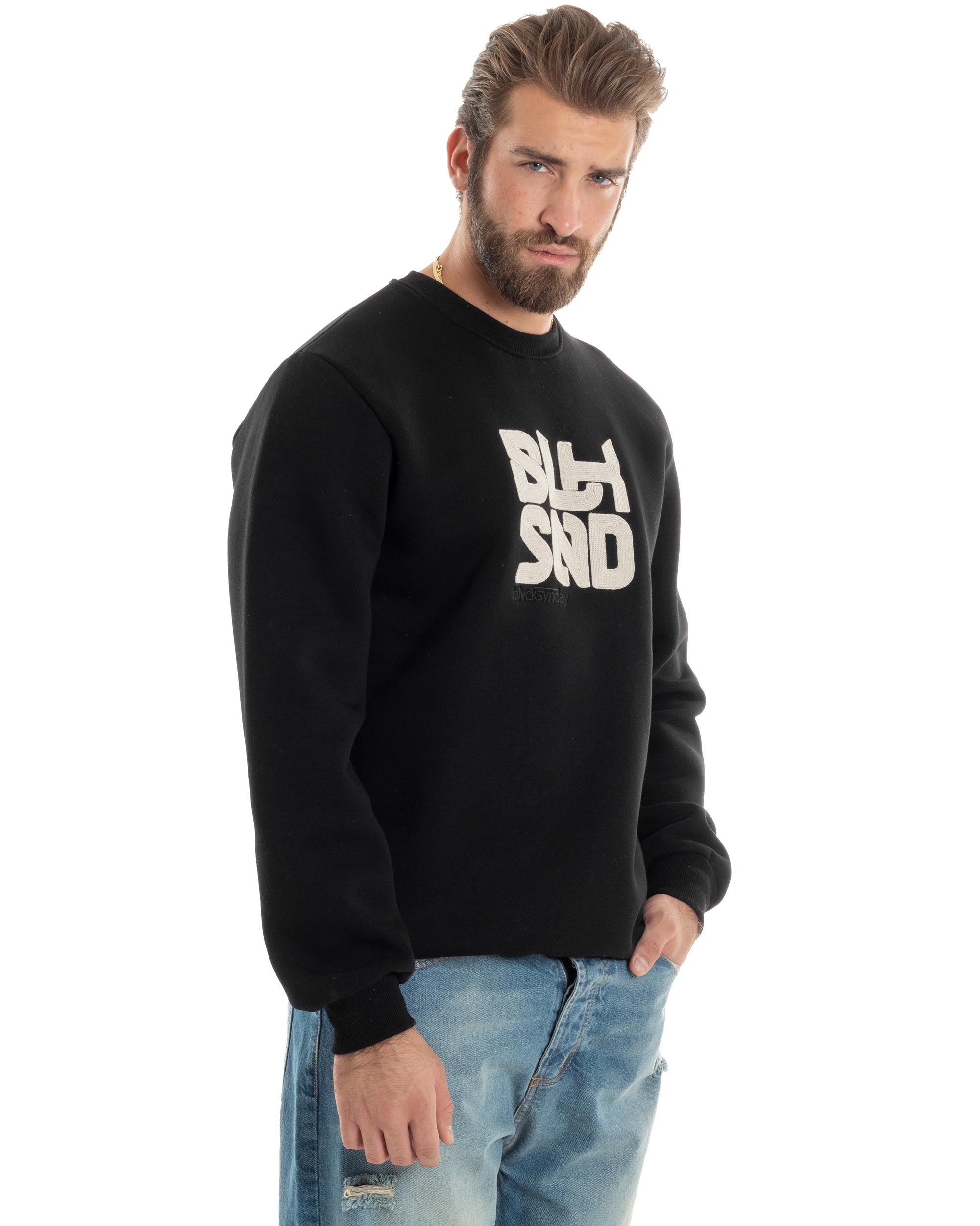 Felpa Uomo PolyCotton Girocollo Con Ricamo Maglia Garzata Calda Comoda Casual Nero GIOSAL-F3039A