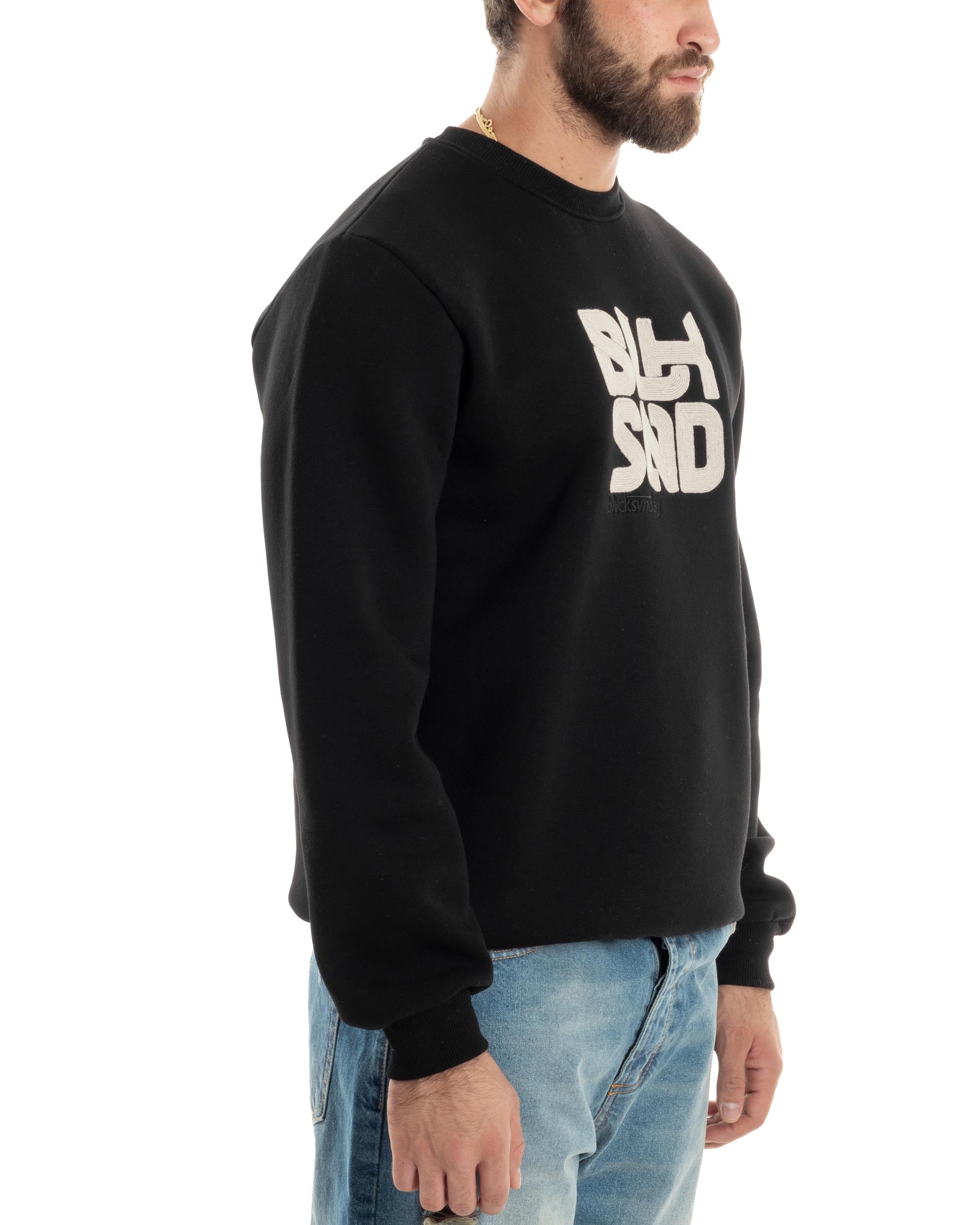 Felpa Uomo PolyCotton Girocollo Con Ricamo Maglia Garzata Calda Comoda Casual Nero GIOSAL-F3039A