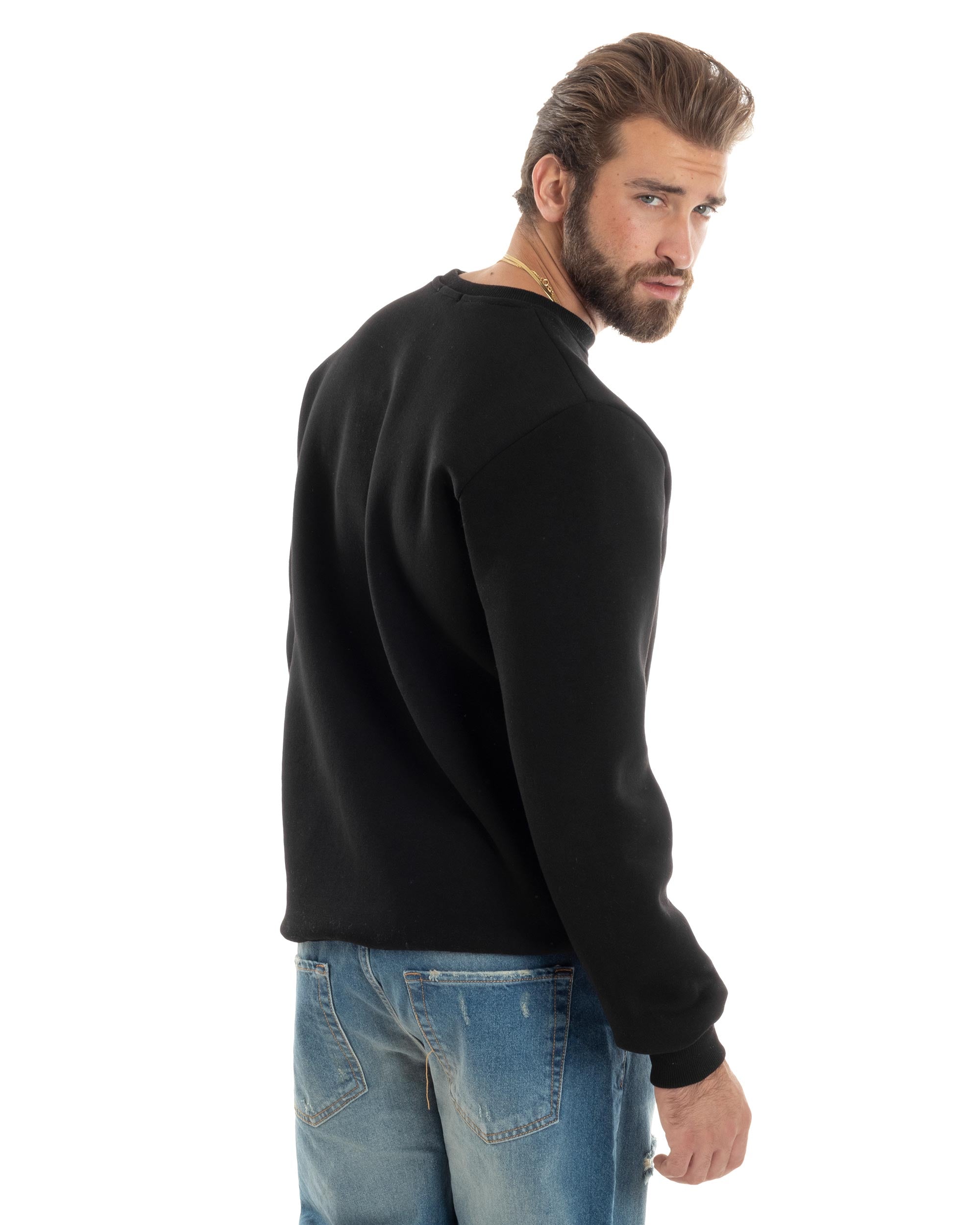 Felpa Uomo PolyCotton Girocollo Con Ricamo Maglia Garzata Calda Comoda Casual Nero GIOSAL-F3039A