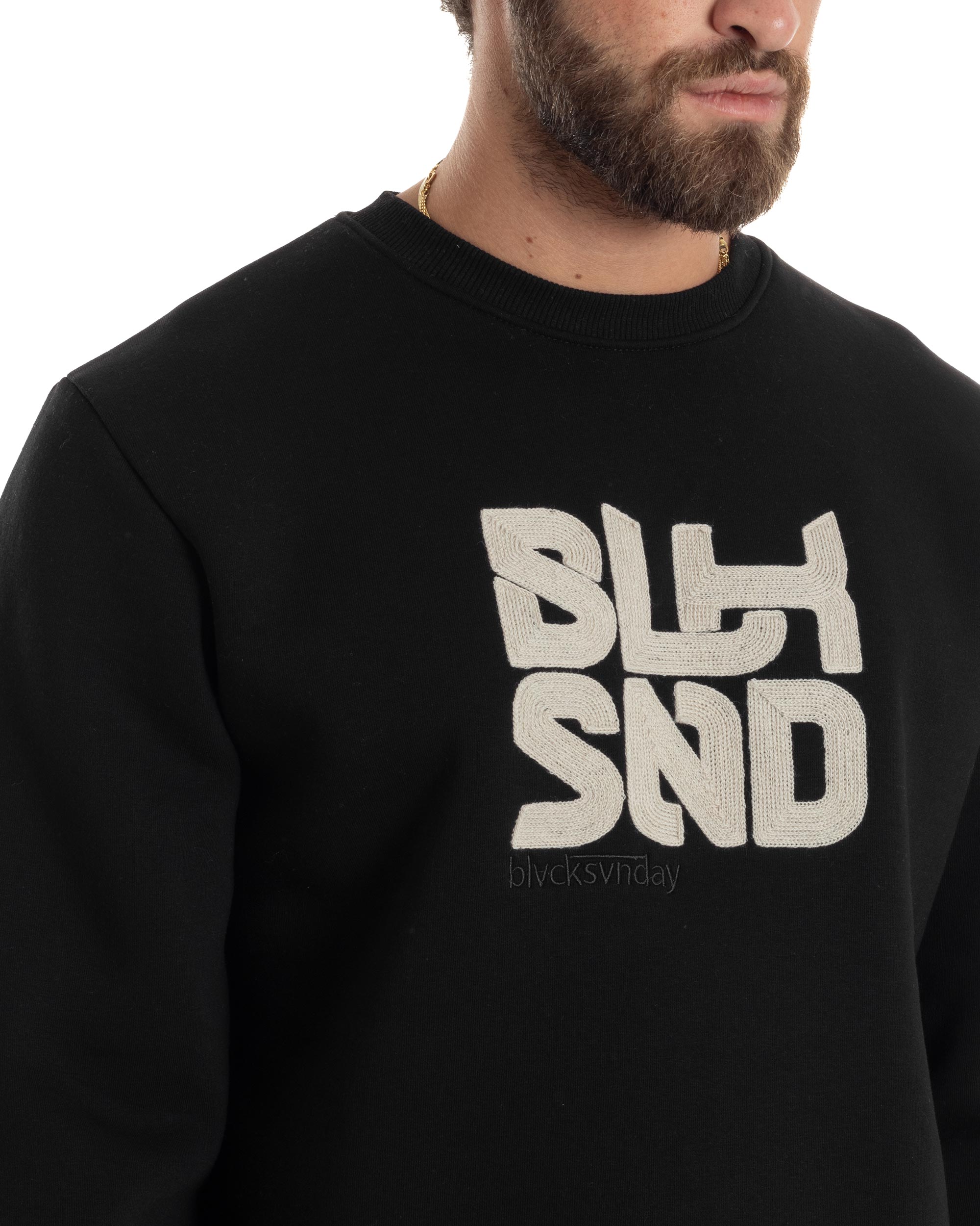 Felpa Uomo PolyCotton Girocollo Con Ricamo Maglia Garzata Calda Comoda Casual Nero GIOSAL-F3039A