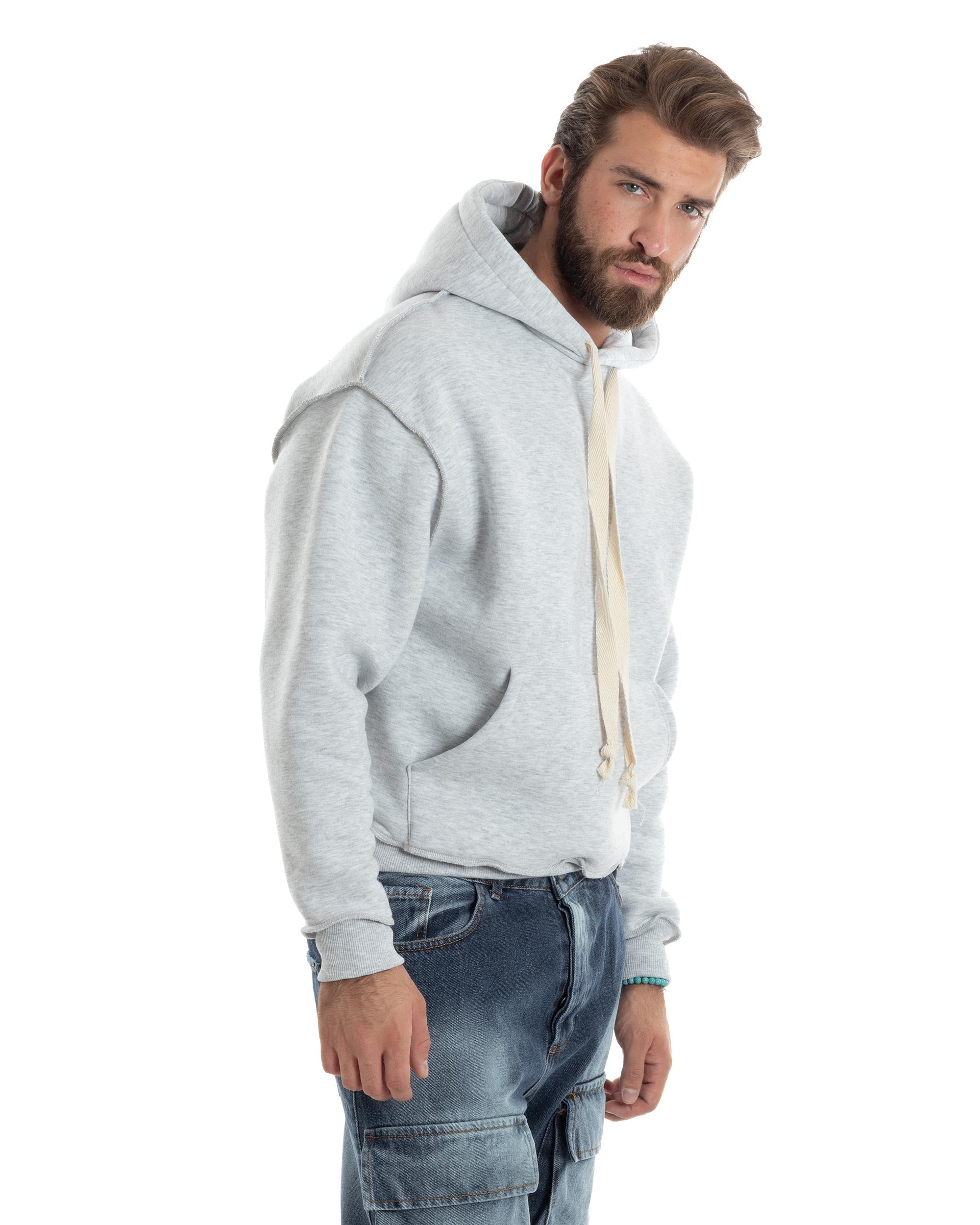 Felpa Uomo PolyCotton Garzata Con Cappuccio Cuciture Reverse E Marsupio Boxy Fit Maglia Morbida Calda Grigio GIOSAL-F3040A