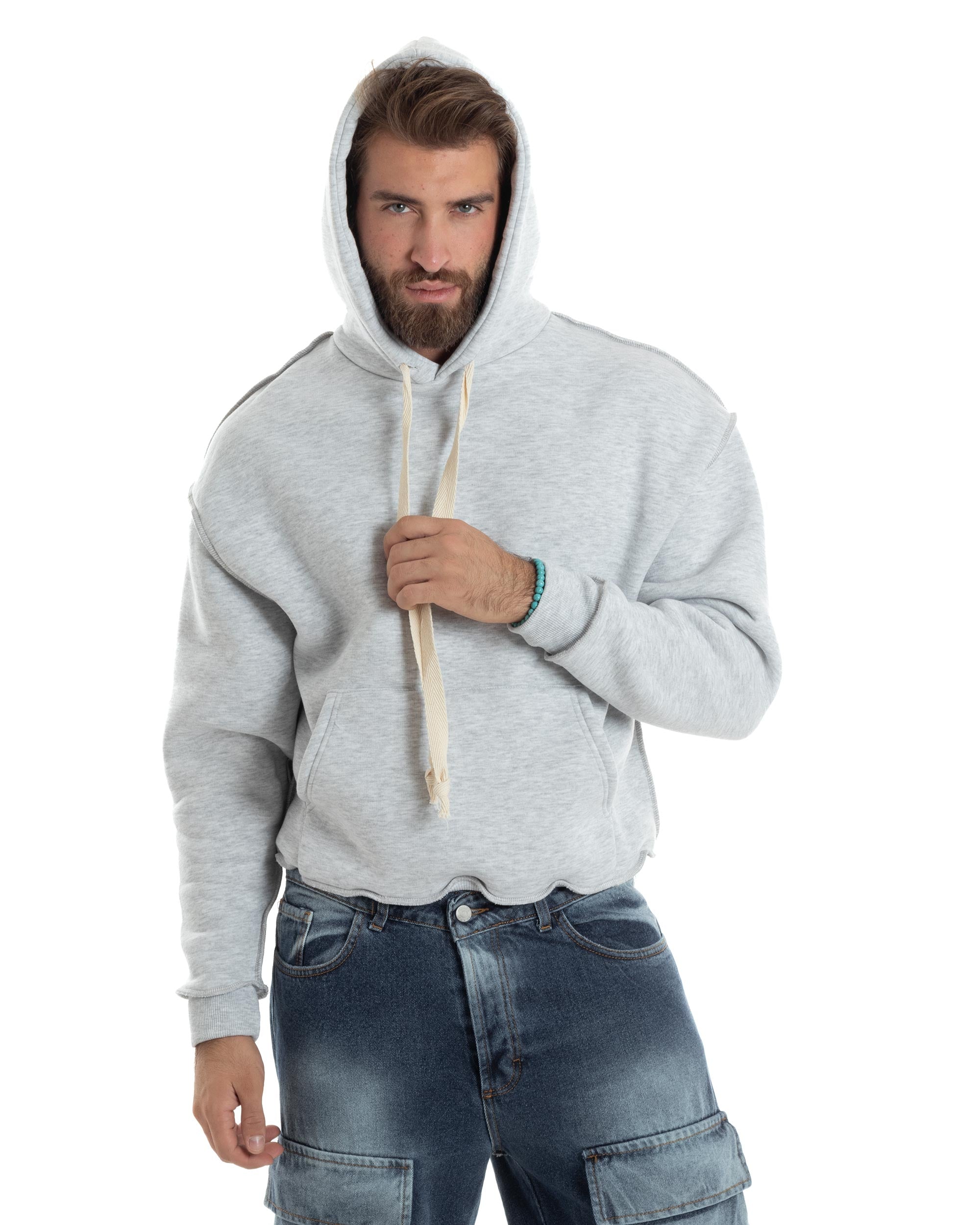 Felpa Uomo PolyCotton Garzata Con Cappuccio Cuciture Reverse E Marsupio Boxy Fit Maglia Morbida Calda Grigio GIOSAL-F3040A