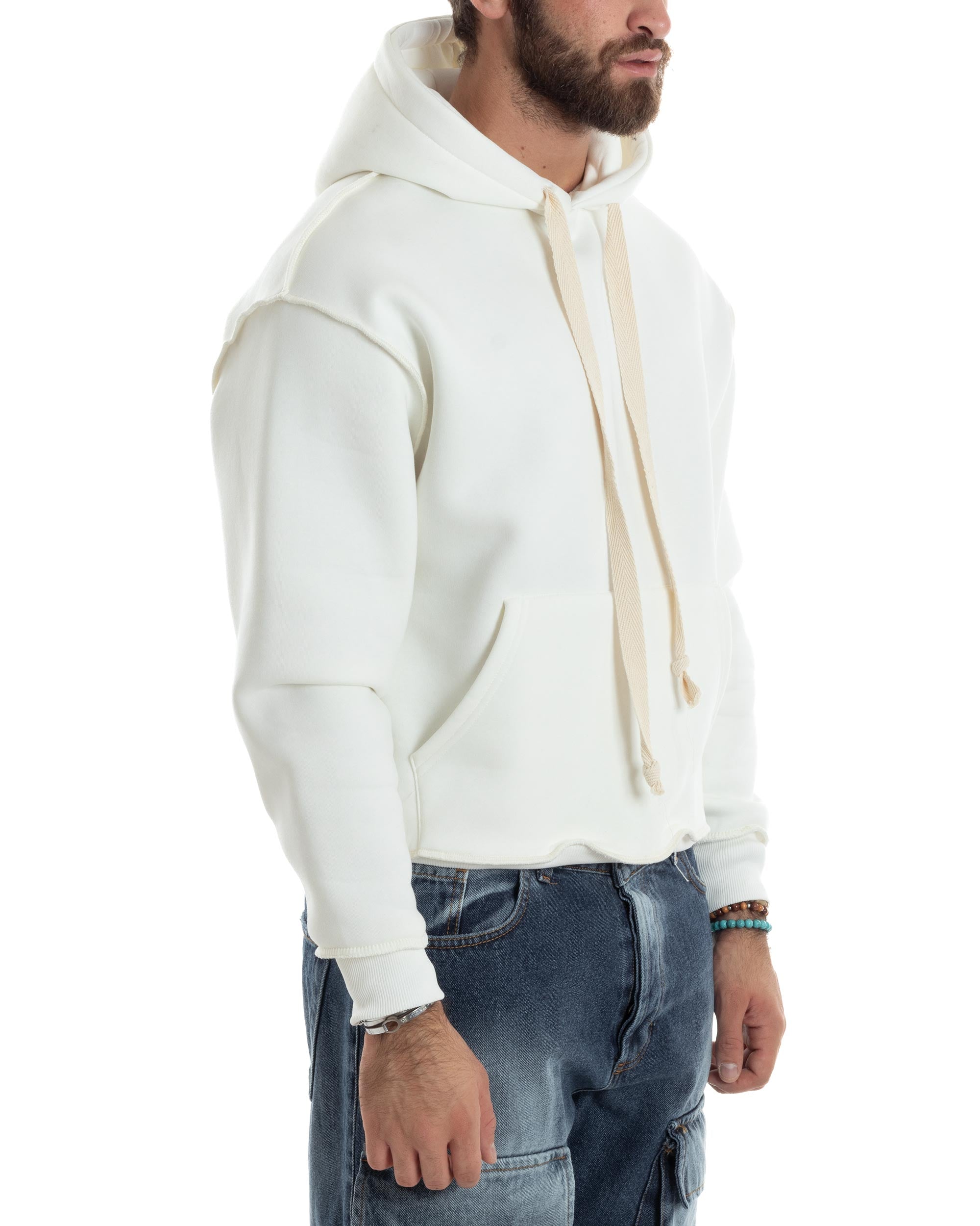 Felpa Uomo PolyCotton Garzata Con Cappuccio Cuciture Reverse E Marsupio Boxy Fit Maglia Morbida Calda Bianco GIOSAL-F3041A