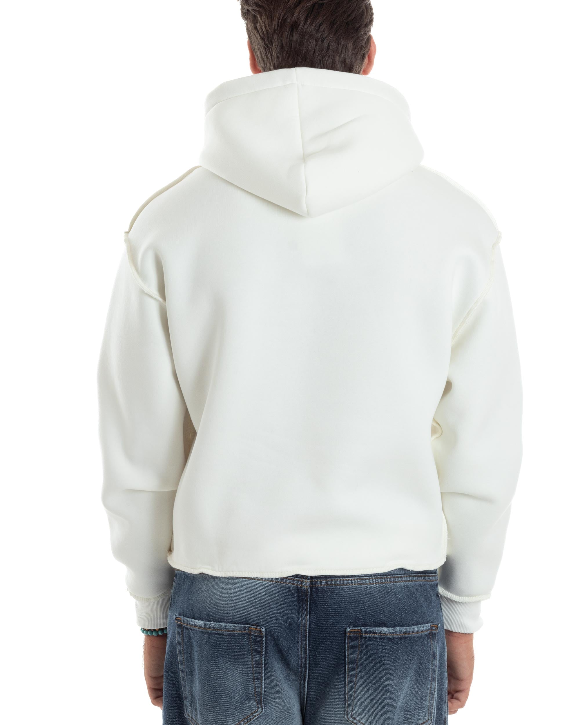 Felpa Uomo PolyCotton Garzata Con Cappuccio Cuciture Reverse E Marsupio Boxy Fit Maglia Morbida Calda Bianco GIOSAL-F3041A
