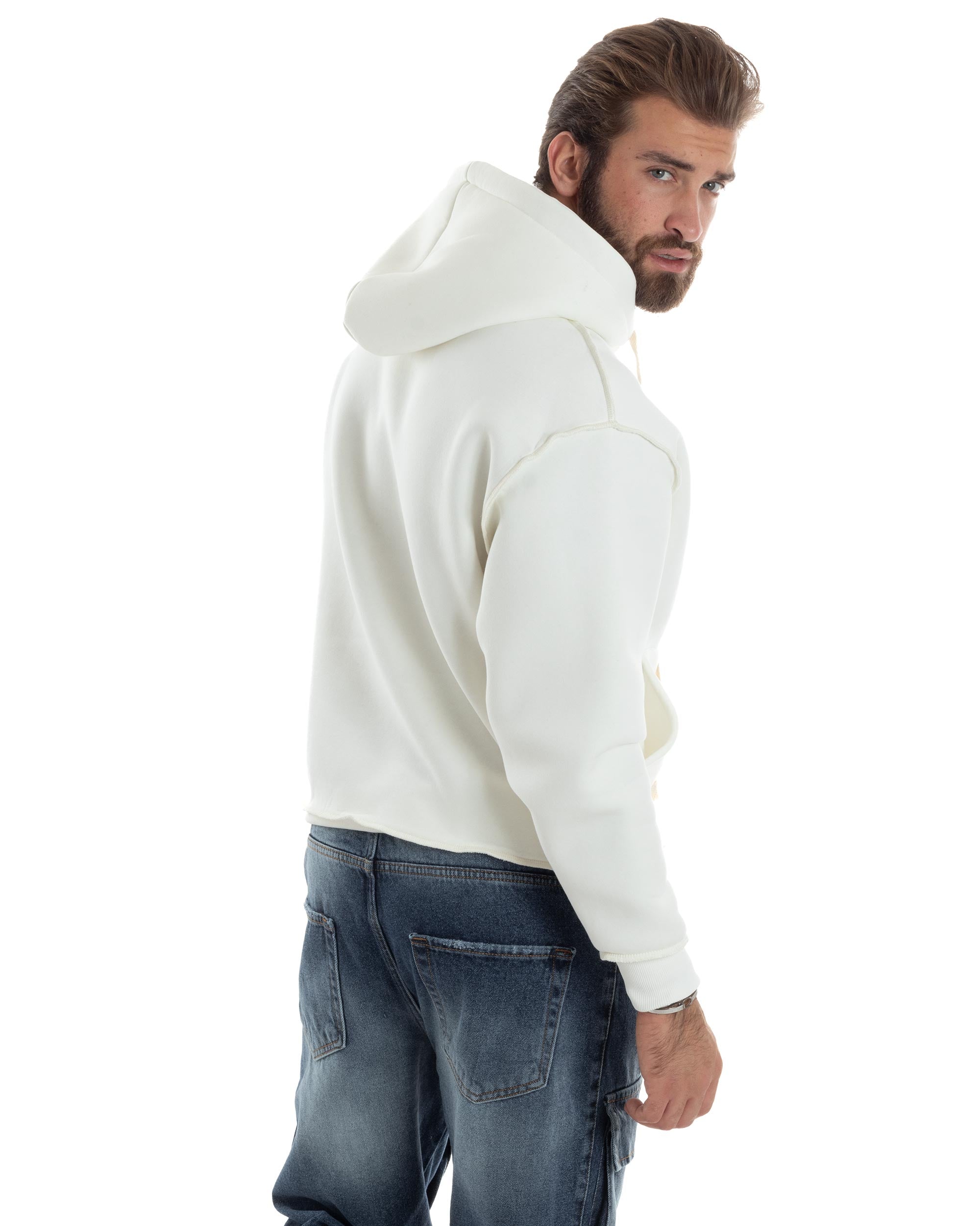 Felpa Uomo PolyCotton Garzata Con Cappuccio Cuciture Reverse E Marsupio Boxy Fit Maglia Morbida Calda Bianco GIOSAL-F3041A