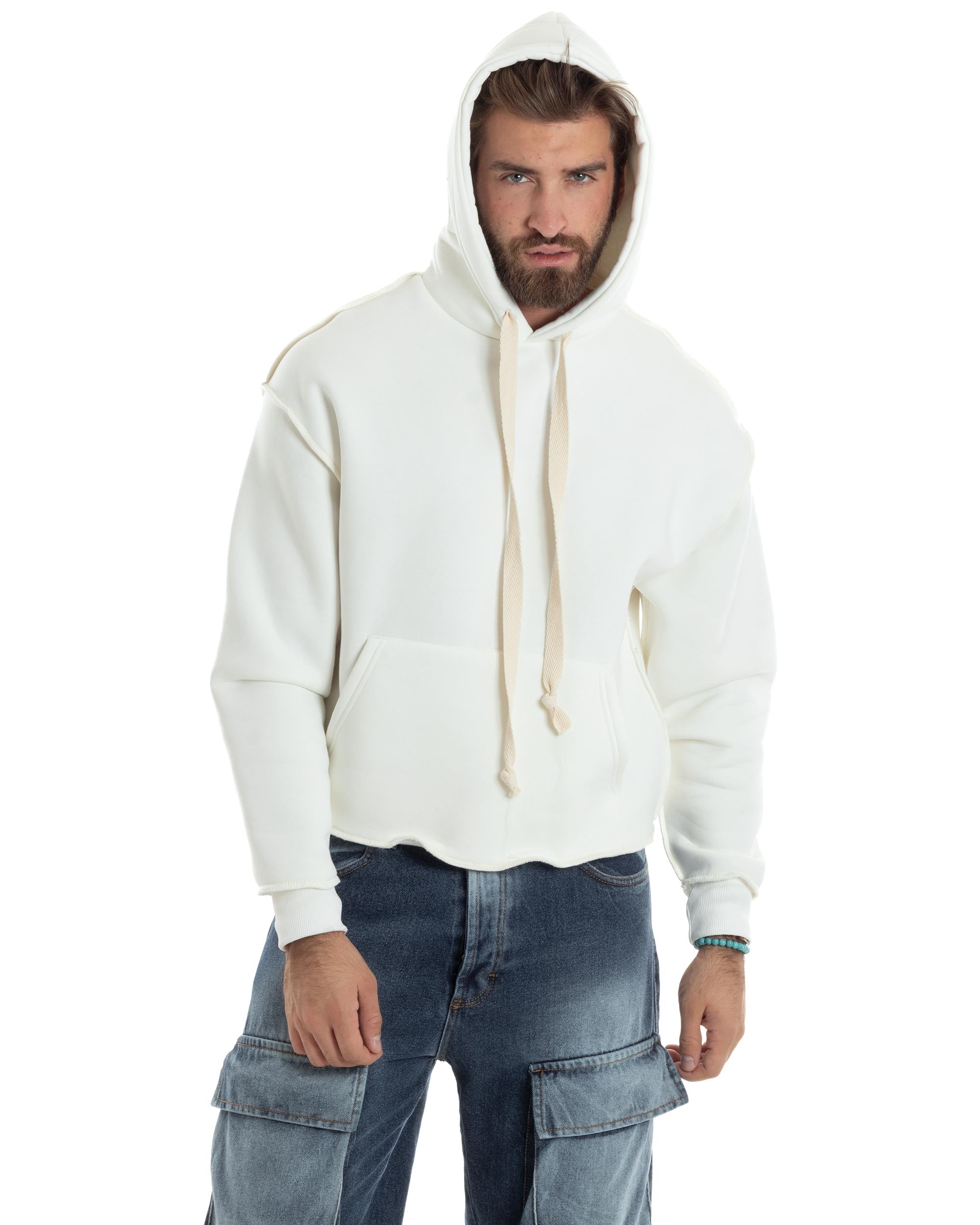 Felpa Uomo PolyCotton Garzata Con Cappuccio Cuciture Reverse E Marsupio Boxy Fit Maglia Morbida Calda Bianco GIOSAL-F3041A