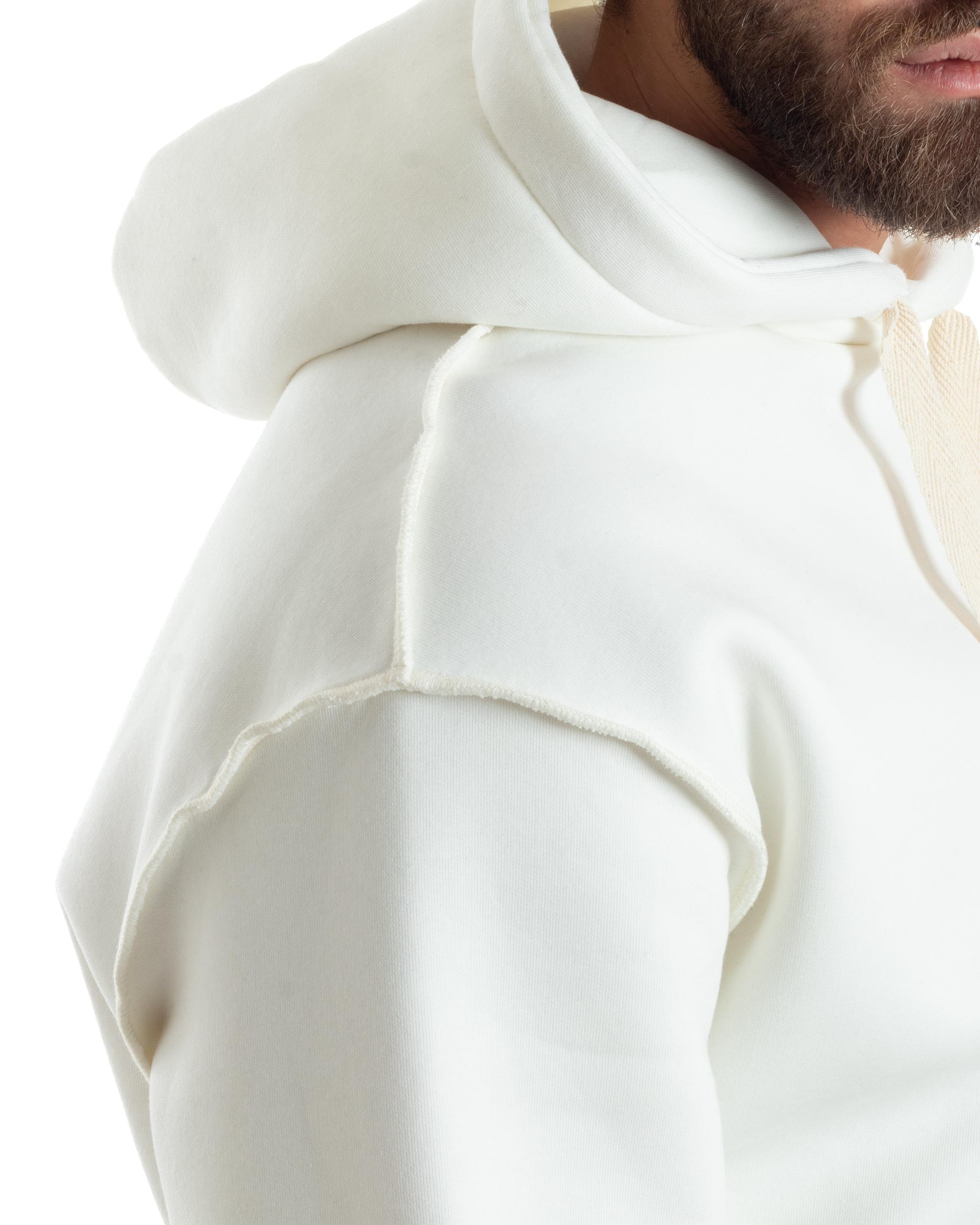 Felpa Uomo PolyCotton Garzata Con Cappuccio Cuciture Reverse E Marsupio Boxy Fit Maglia Morbida Calda Bianco GIOSAL-F3041A