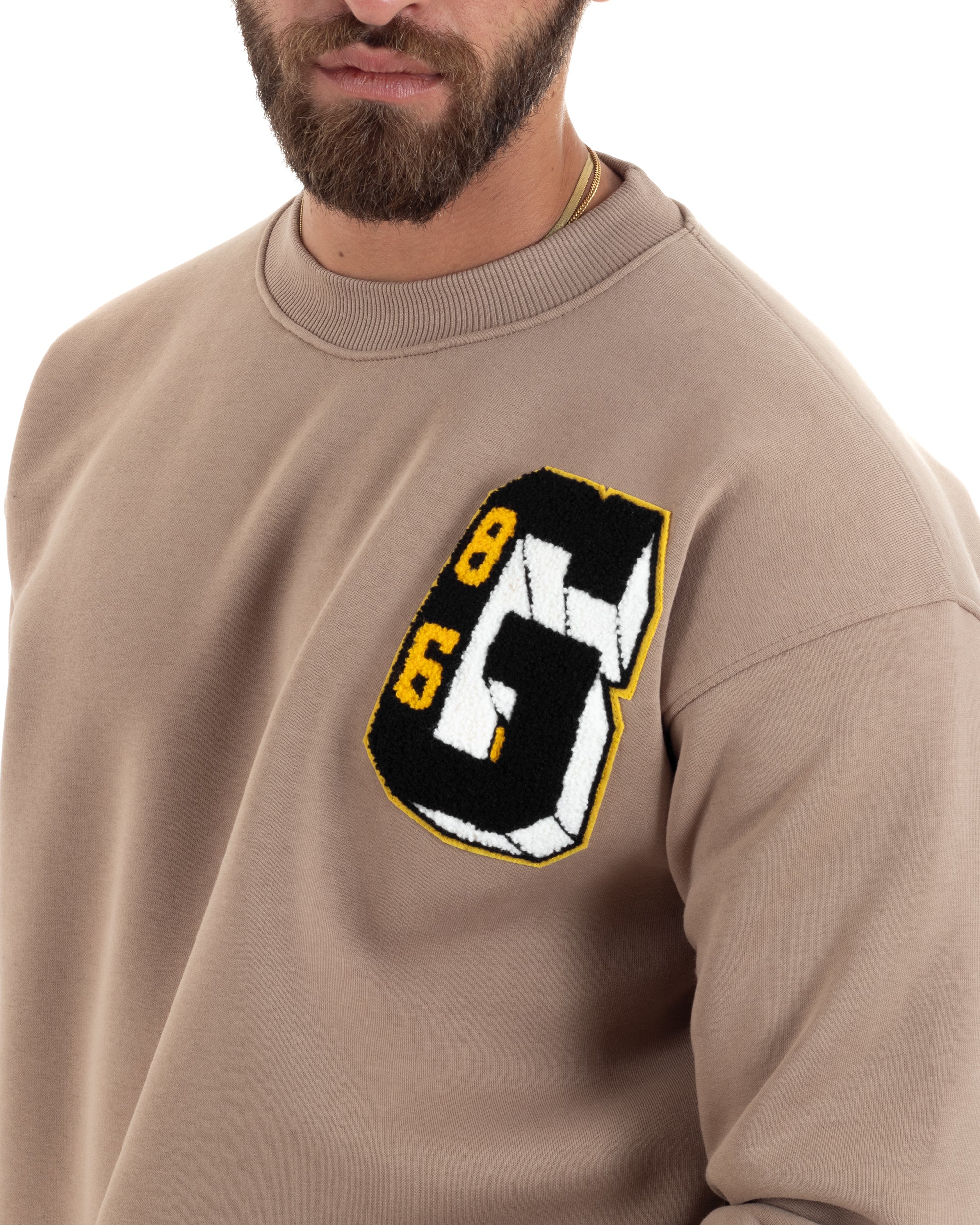 Felpa Uomo Manica Lunga Stampa Ricamo Lettera Tinta Unita Beige Felpata Casual Comfy GIOSAL-F3044A