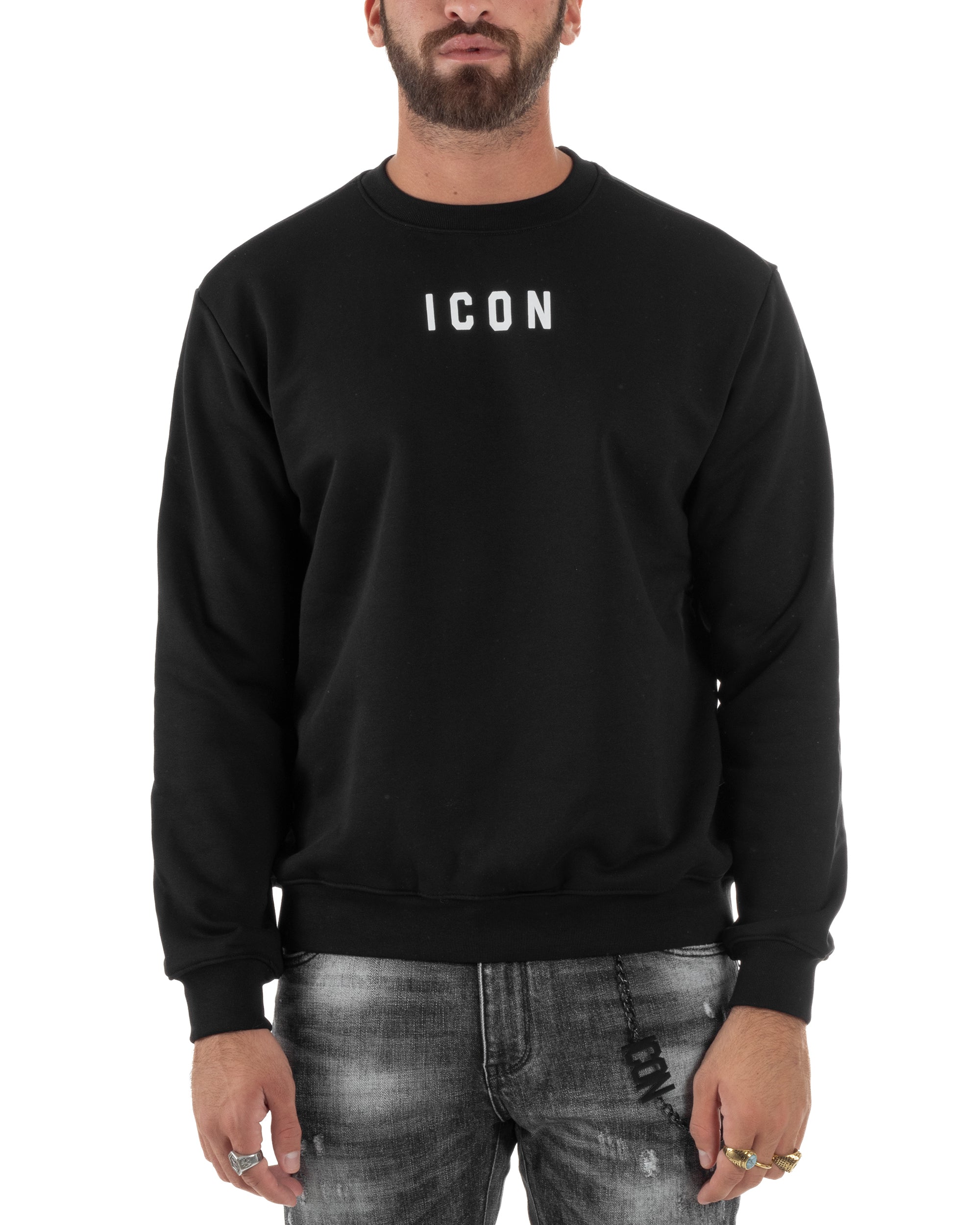 Felpa Uomo Girocollo Casual Regular Fit Stampa Scritta Basic Nero ICON ICUF2W6F006