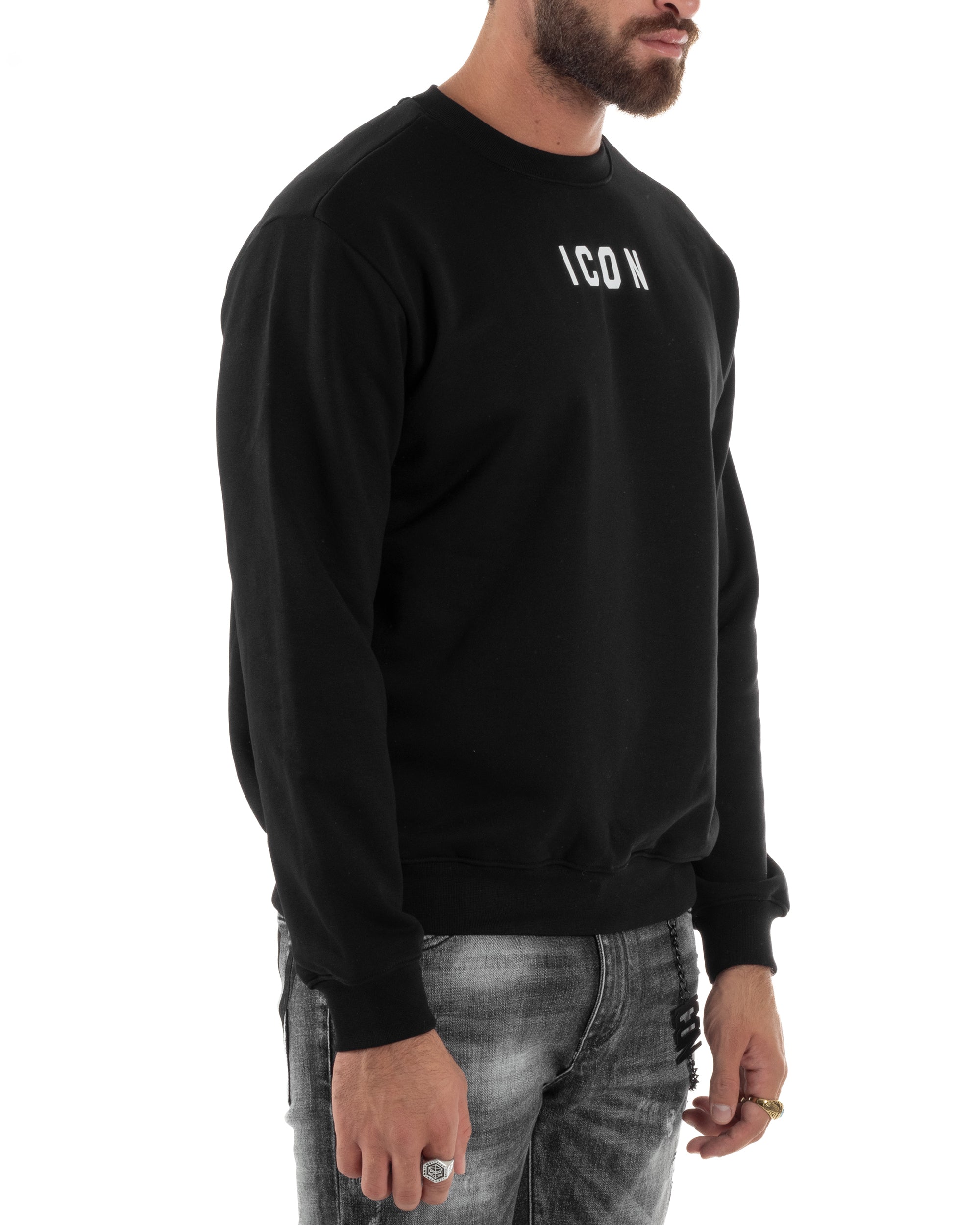 Felpa Uomo Girocollo Casual Regular Fit Stampa Scritta Basic Nero ICON ICUF2W6F006