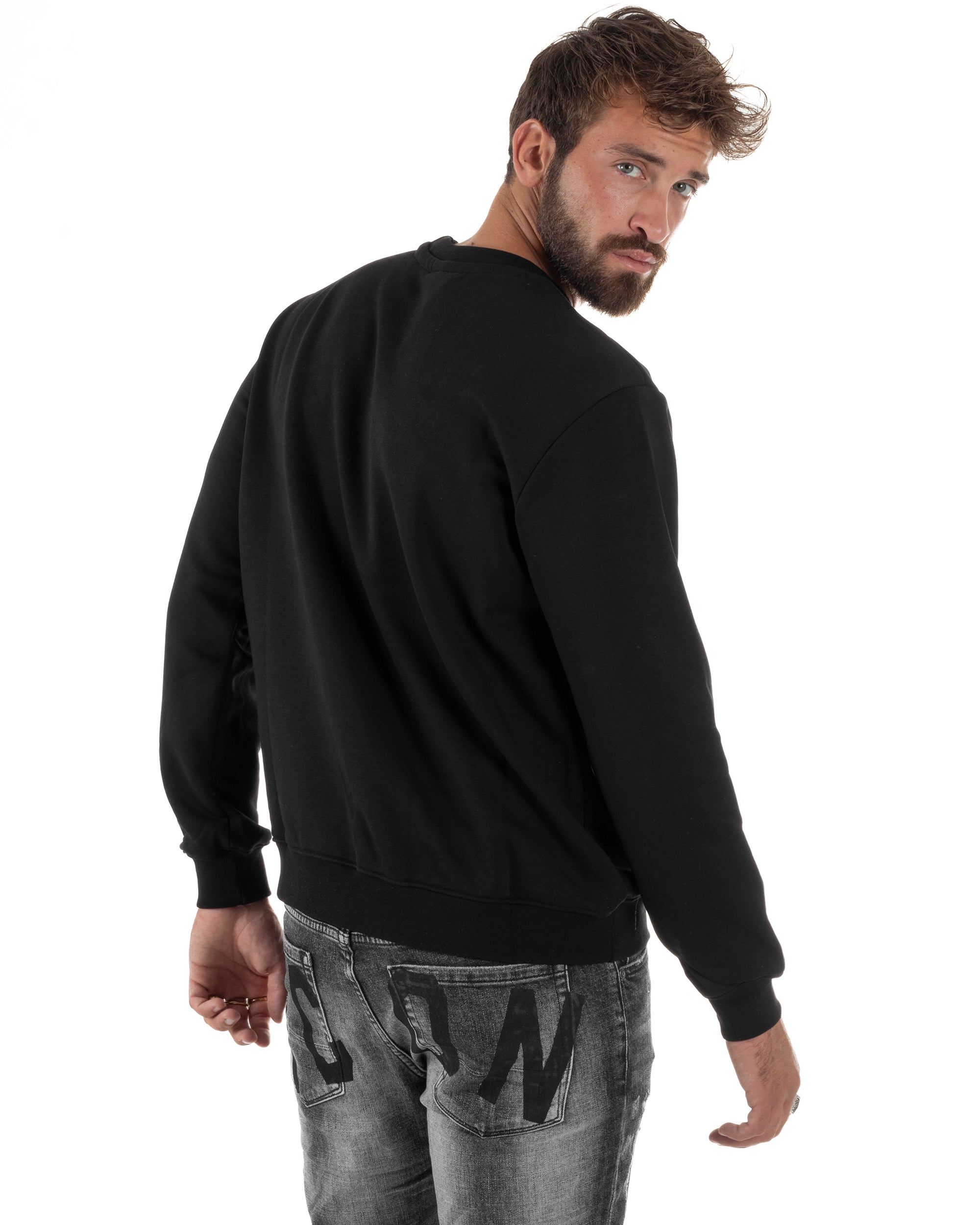 Felpa Uomo Girocollo Casual Regular Fit Stampa Scritta Basic Nero ICON ICUF2W6F006