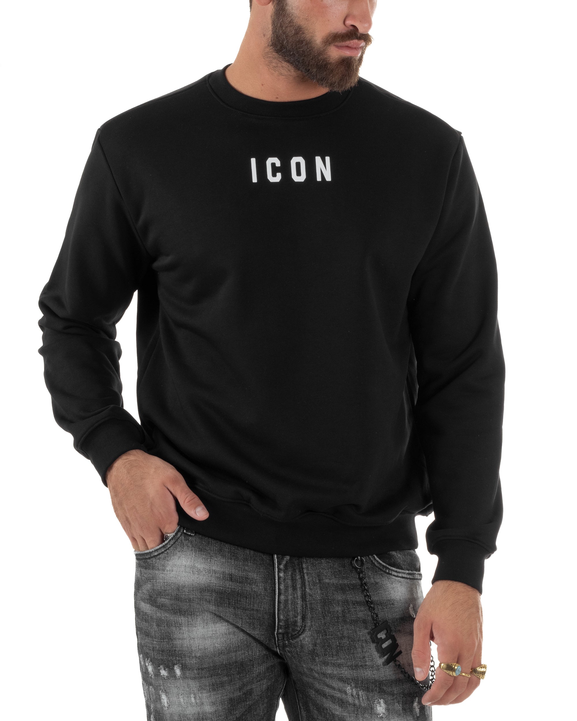 Felpa Uomo Girocollo Casual Regular Fit Stampa Scritta Basic Nero ICON ICUF2W6F006