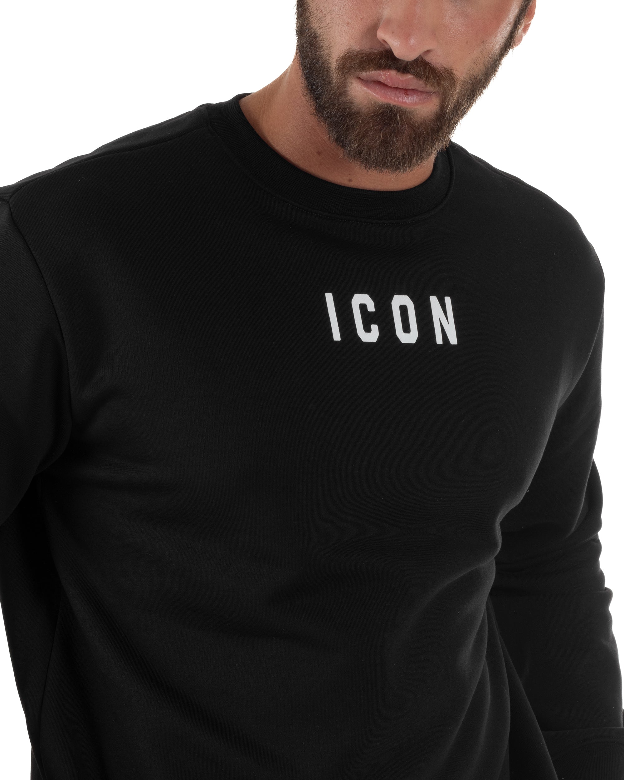 Felpa Uomo Girocollo Casual Regular Fit Stampa Scritta Basic Nero ICON ICUF2W6F006