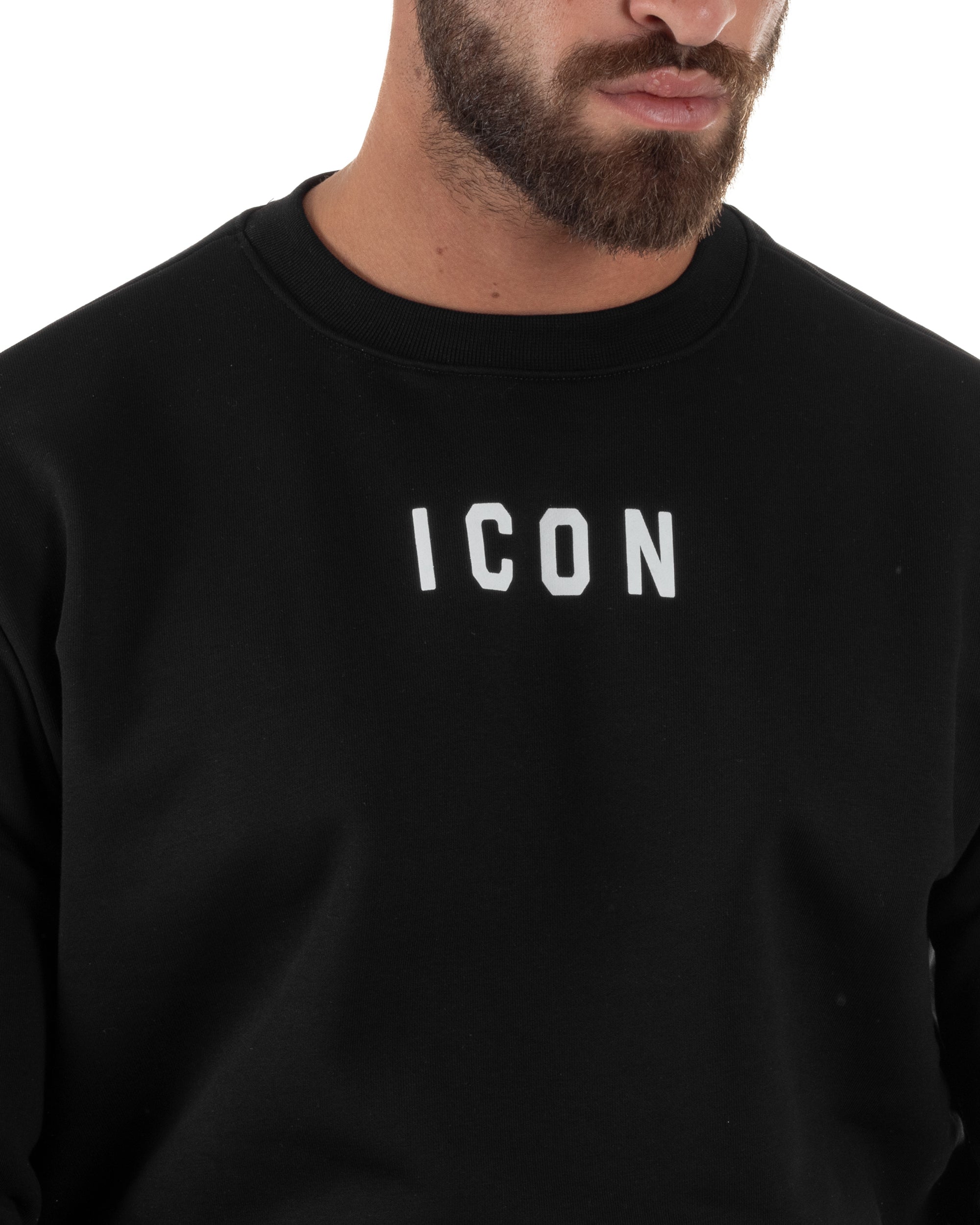 Felpa Uomo Girocollo Casual Regular Fit Stampa Scritta Basic Nero ICON ICUF2W6F006