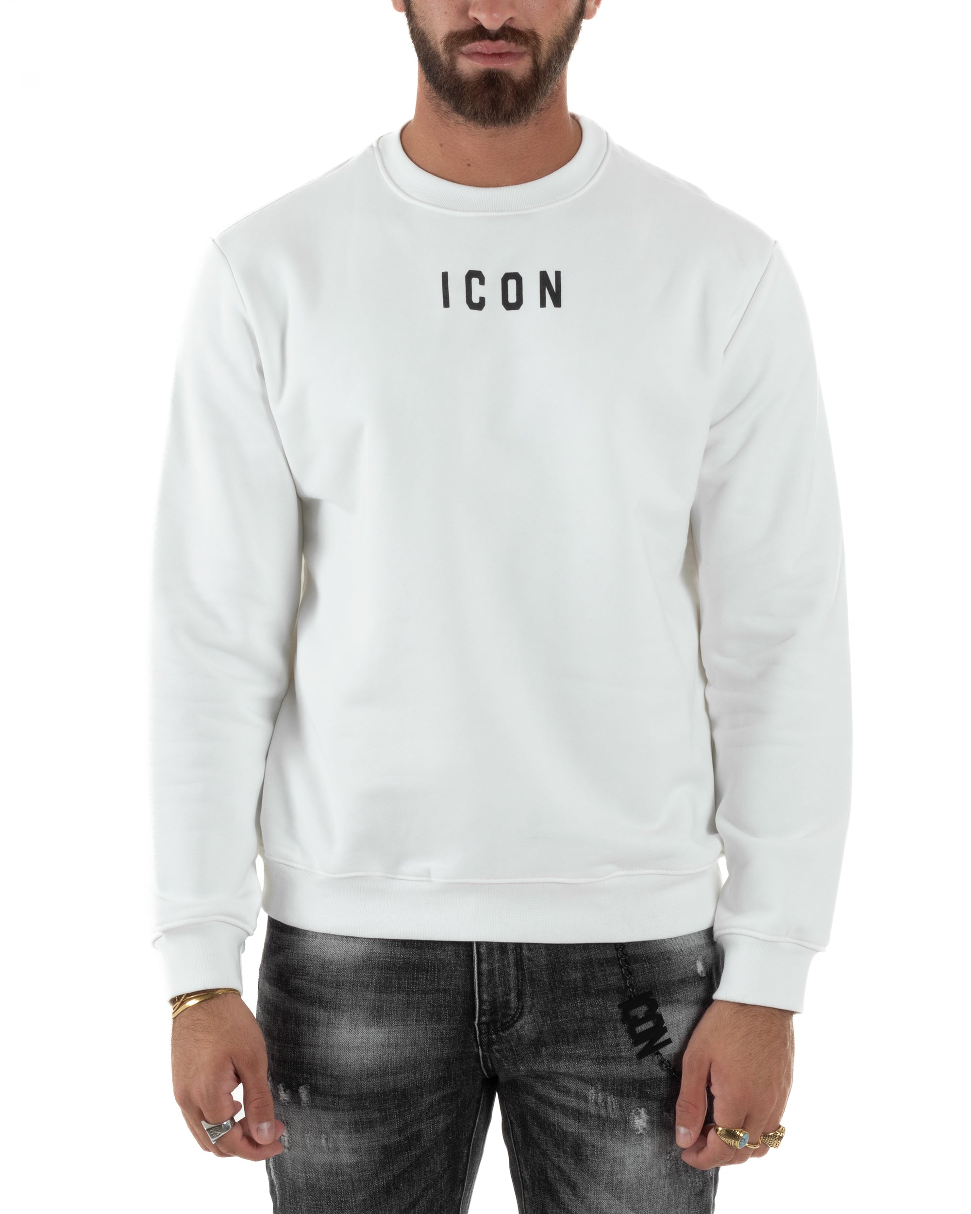Felpa Uomo Girocollo Casual Regular Fit Stampa Scritta Basic Bianco ICON ICUF2W6F006
