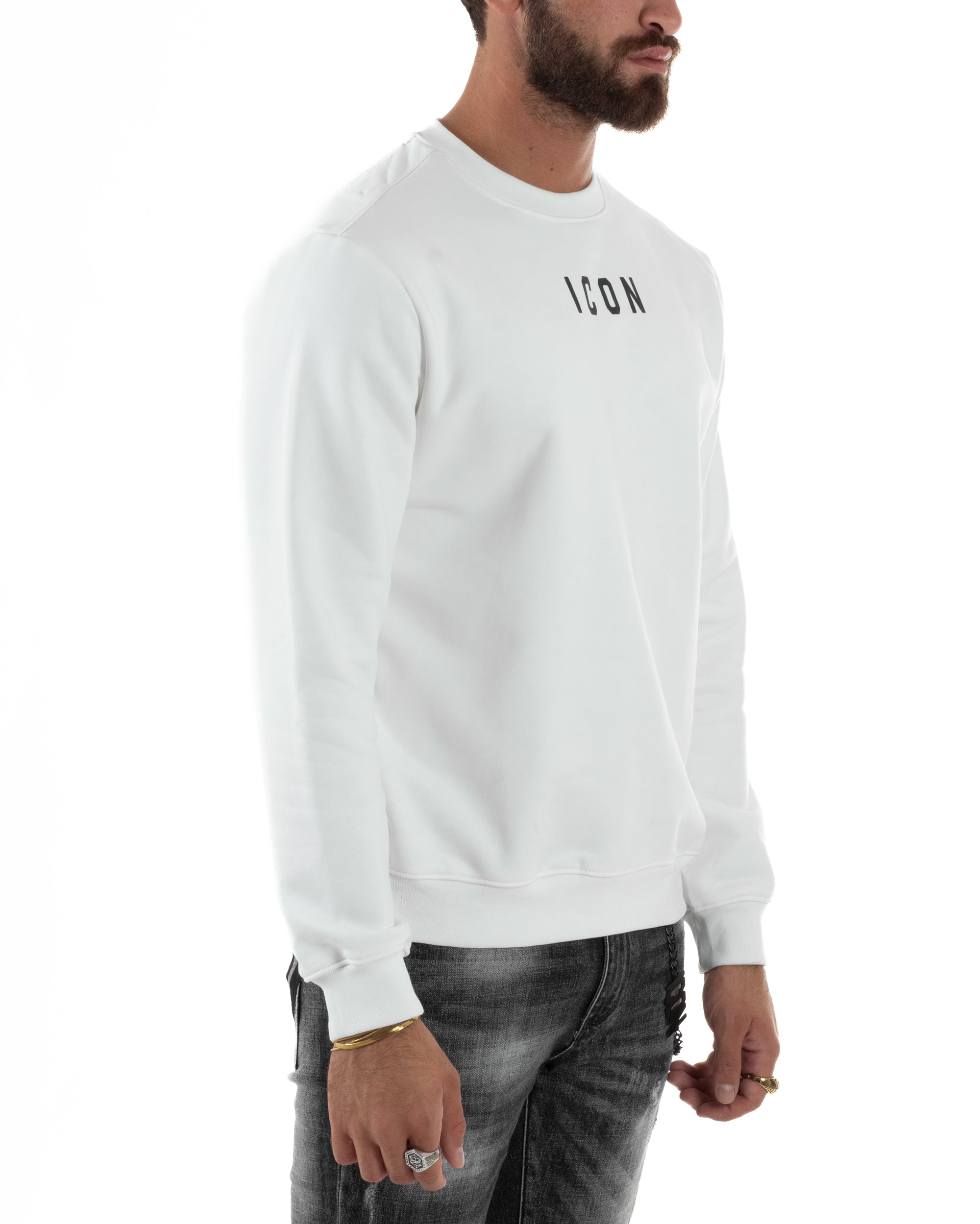 Felpa Uomo Girocollo Casual Regular Fit Stampa Scritta Basic Bianco ICON ICUF2W6F006