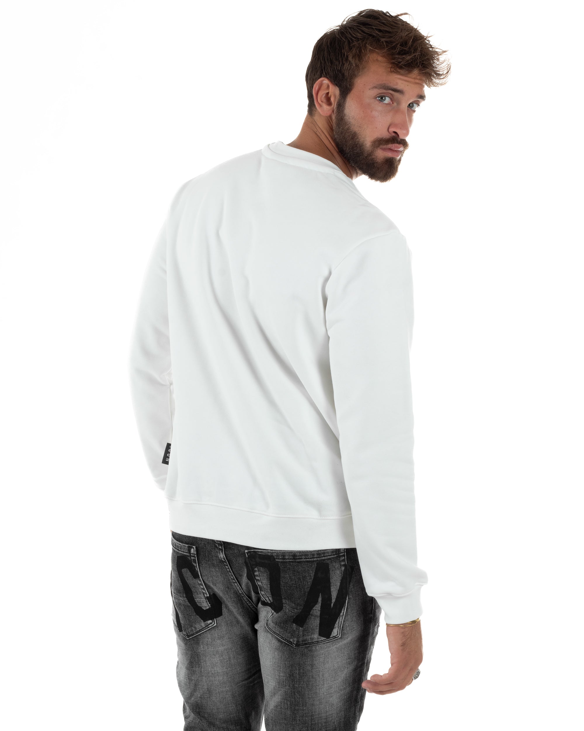 Felpa Uomo Girocollo Casual Regular Fit Stampa Scritta Basic Bianco ICON ICUF2W6F006