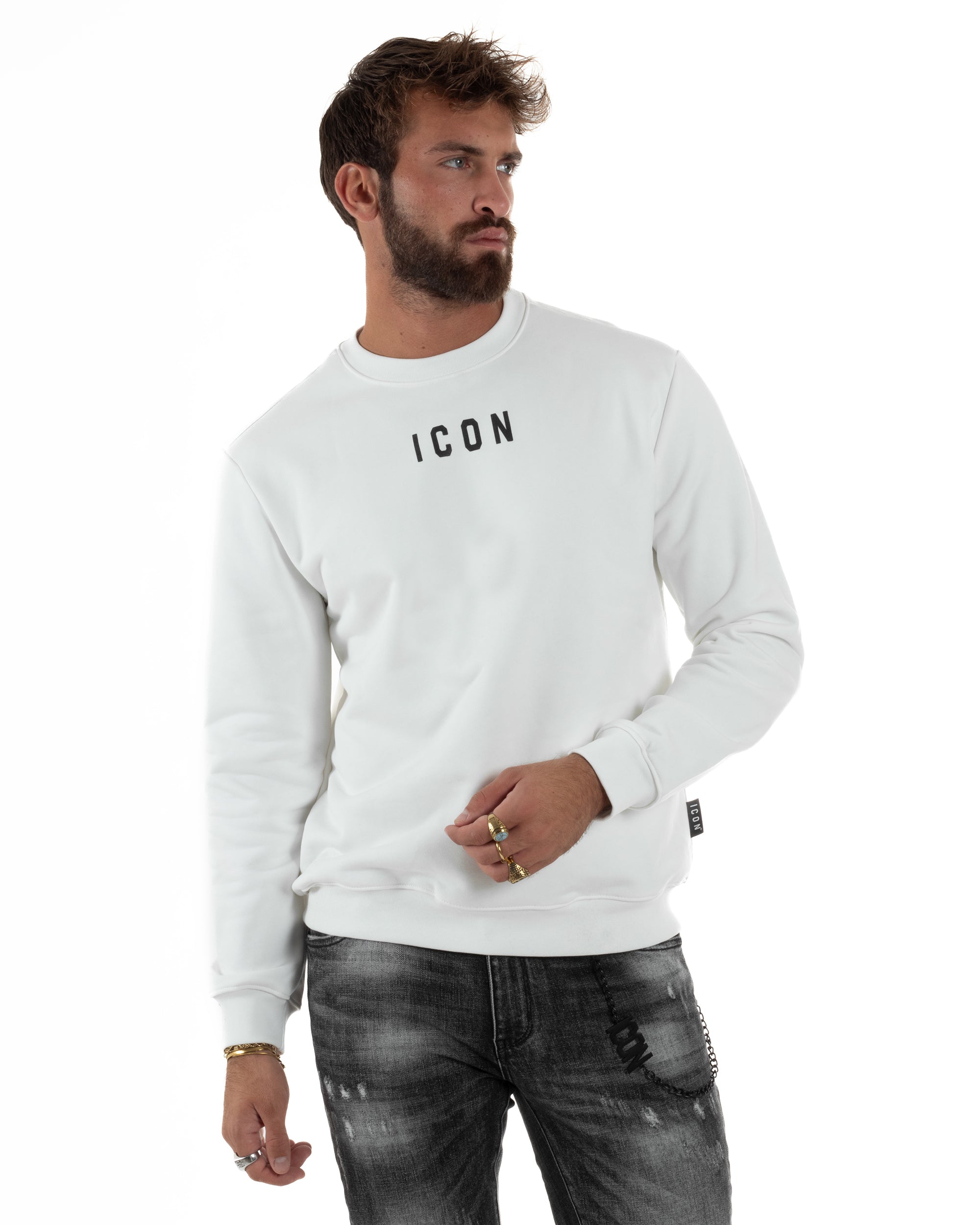 Felpa Uomo Girocollo Casual Regular Fit Stampa Scritta Basic Bianco ICON ICUF2W6F006