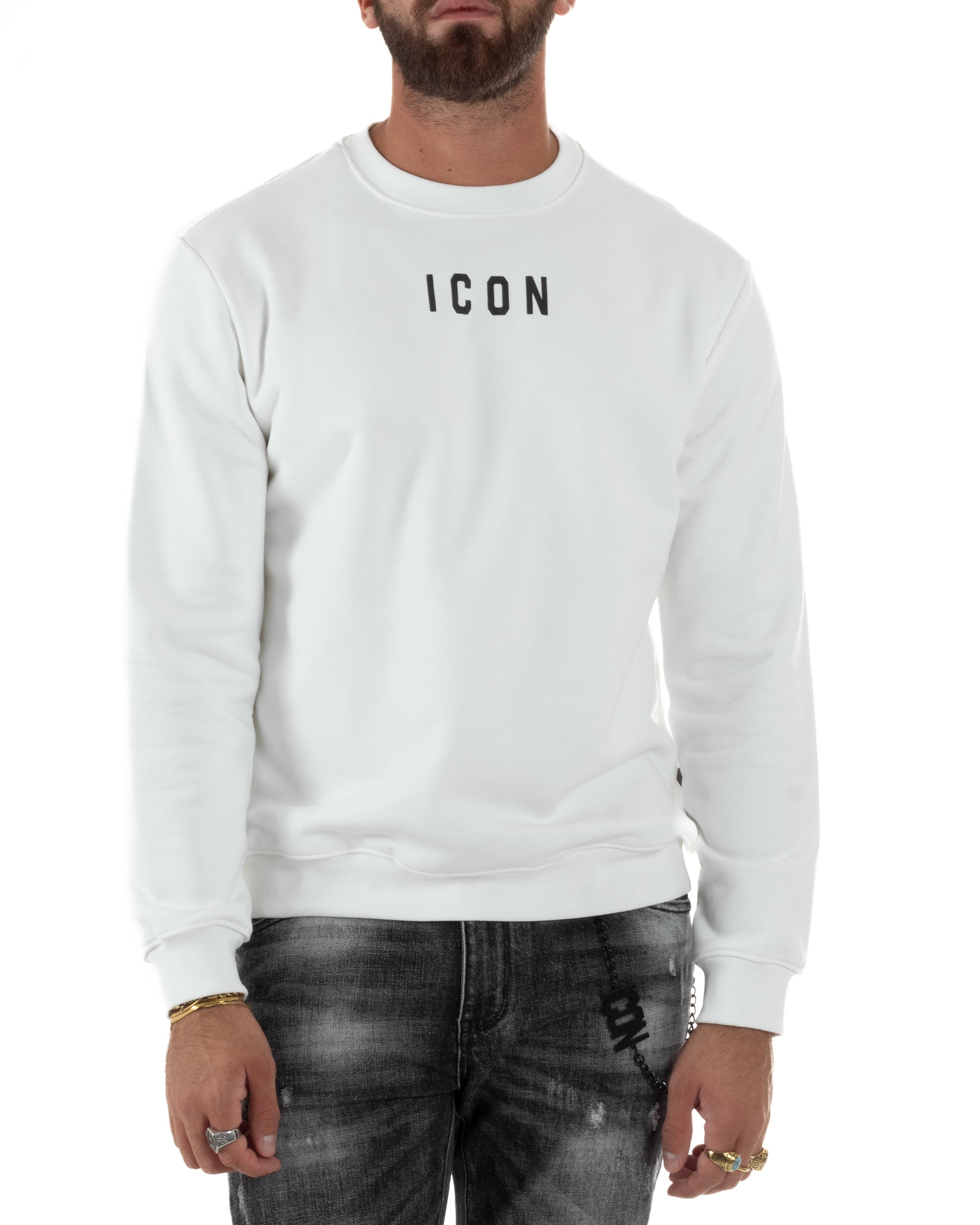 Felpa Uomo Girocollo Casual Regular Fit Stampa Scritta Basic Bianco ICON ICUF2W6F006
