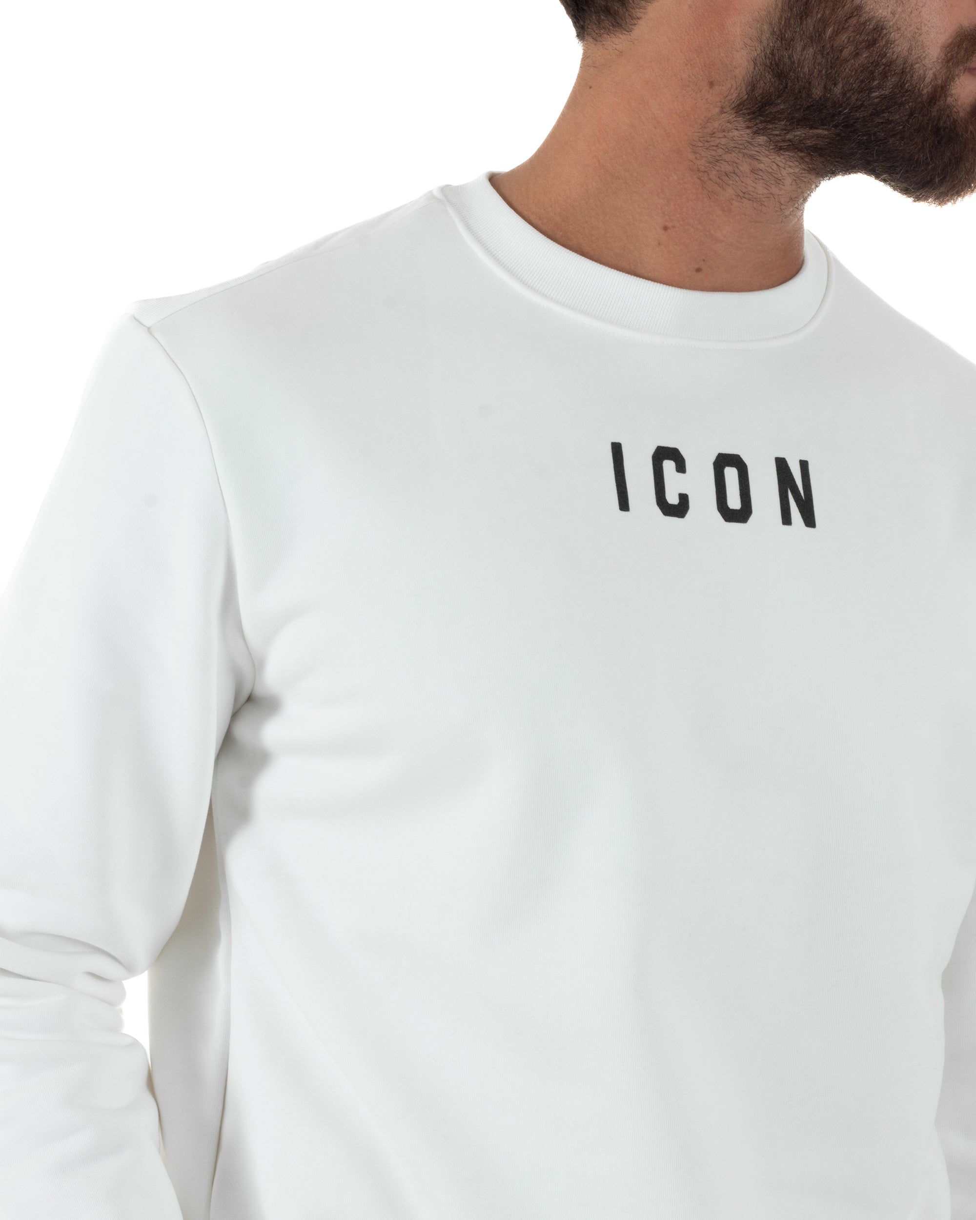 Felpa Uomo Girocollo Casual Regular Fit Stampa Scritta Basic Bianco ICON ICUF2W6F006