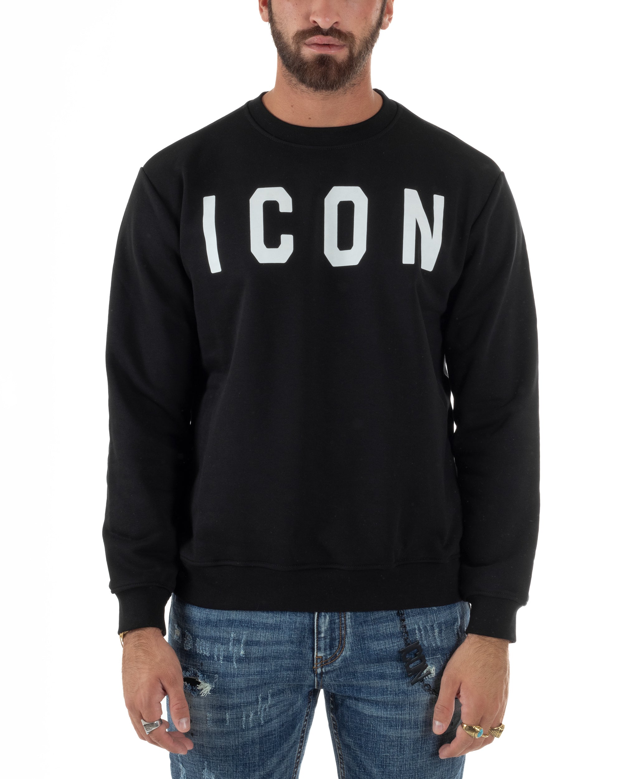 Felpa Uomo Girocollo Stampa Scritta Casual Regular Fit Basic Nero ICON ICUF2W6F001