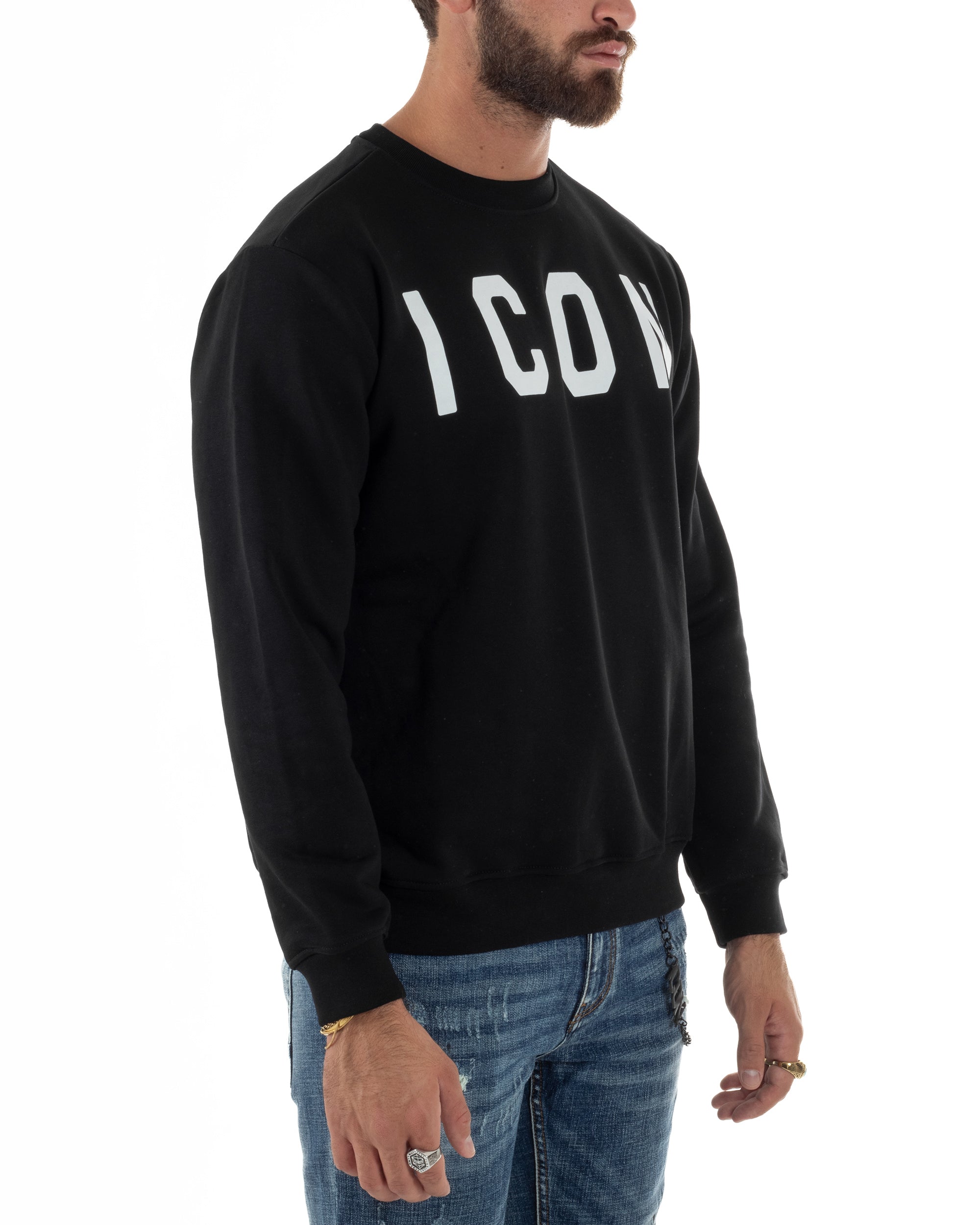 Felpa Uomo Girocollo Stampa Scritta Casual Regular Fit Basic Nero ICON ICUF2W6F001