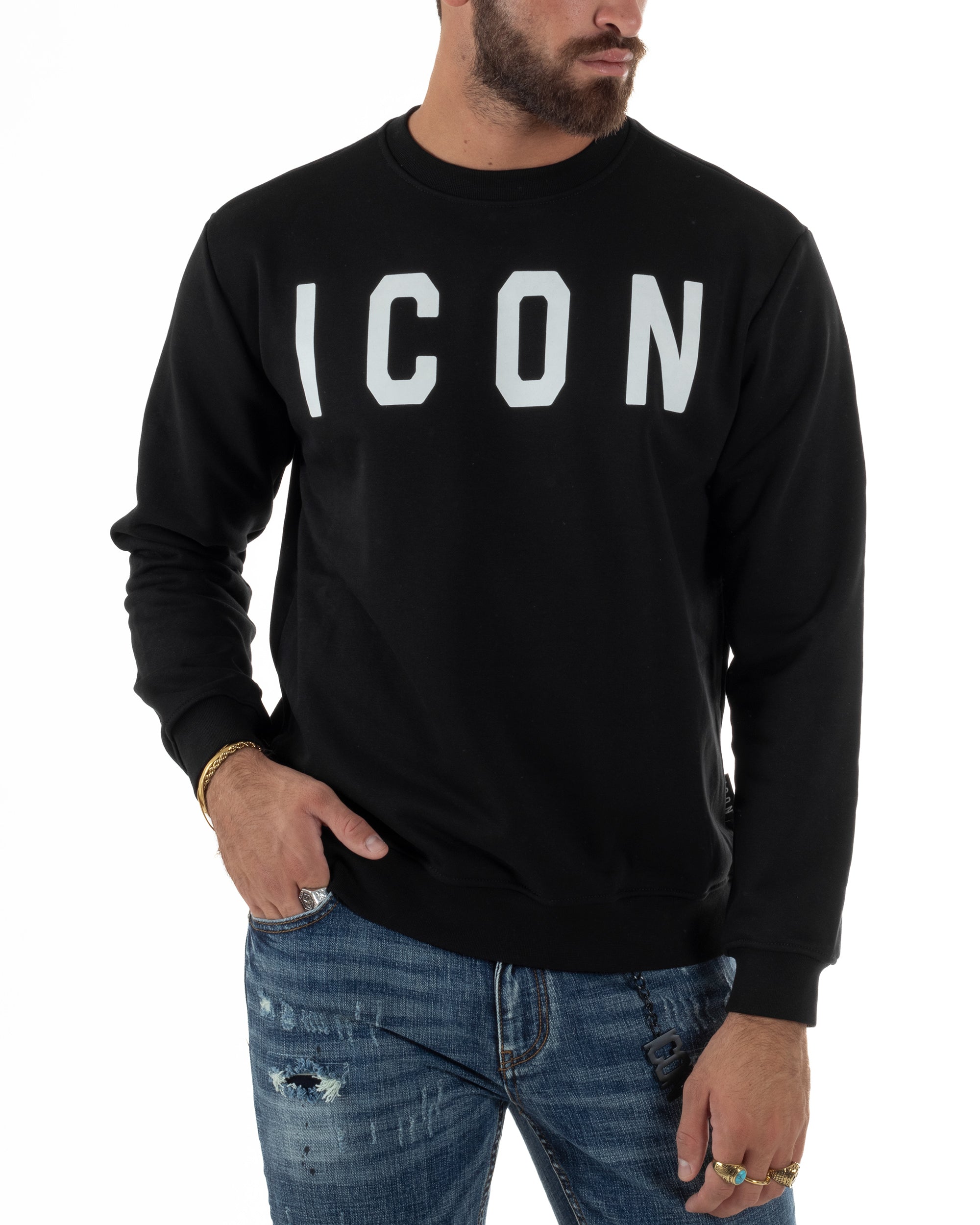 Felpa Uomo Girocollo Stampa Scritta Casual Regular Fit Basic Nero ICON ICUF2W6F001
