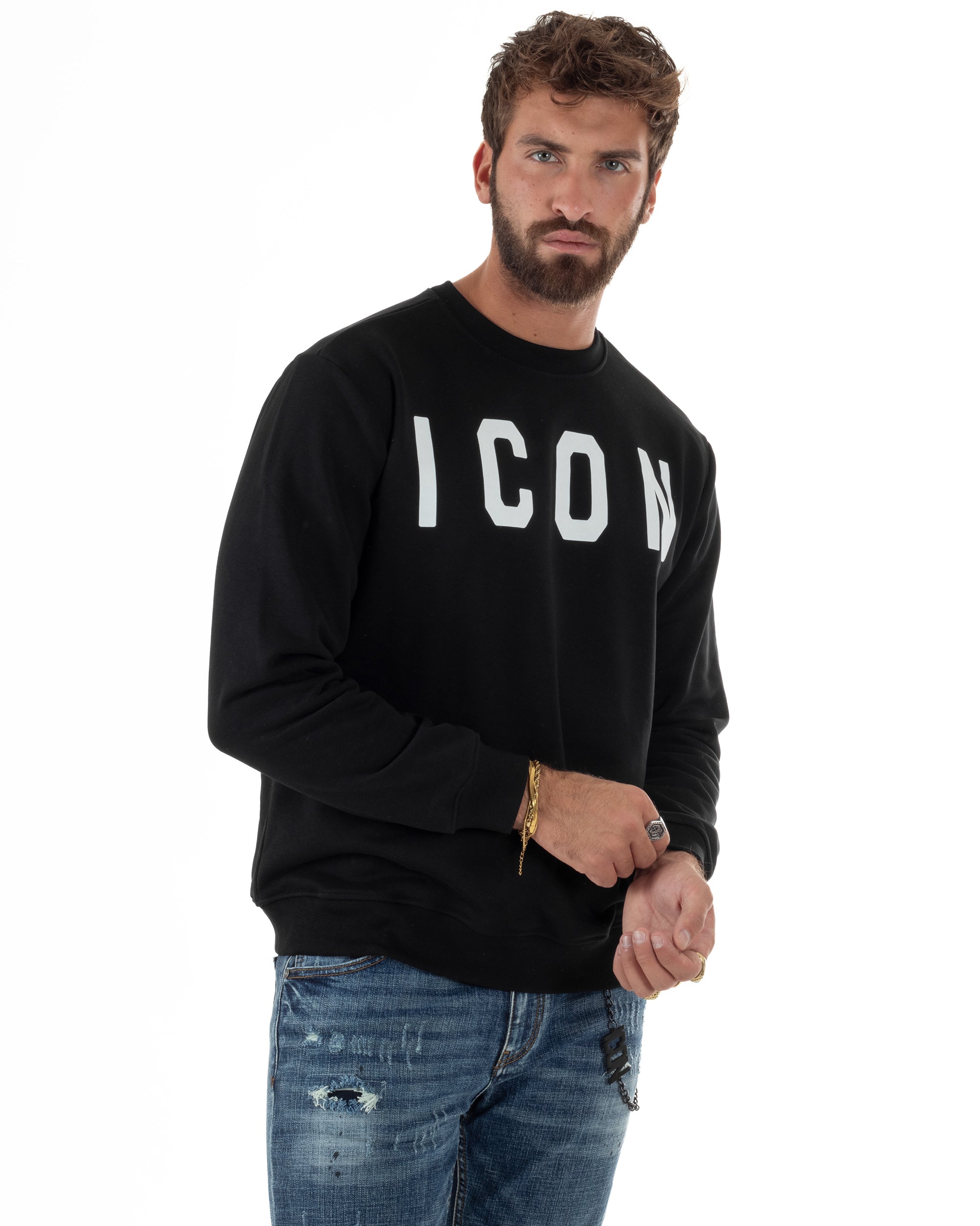 Felpa Uomo Girocollo Stampa Scritta Casual Regular Fit Basic Nero ICON ICUF2W6F001
