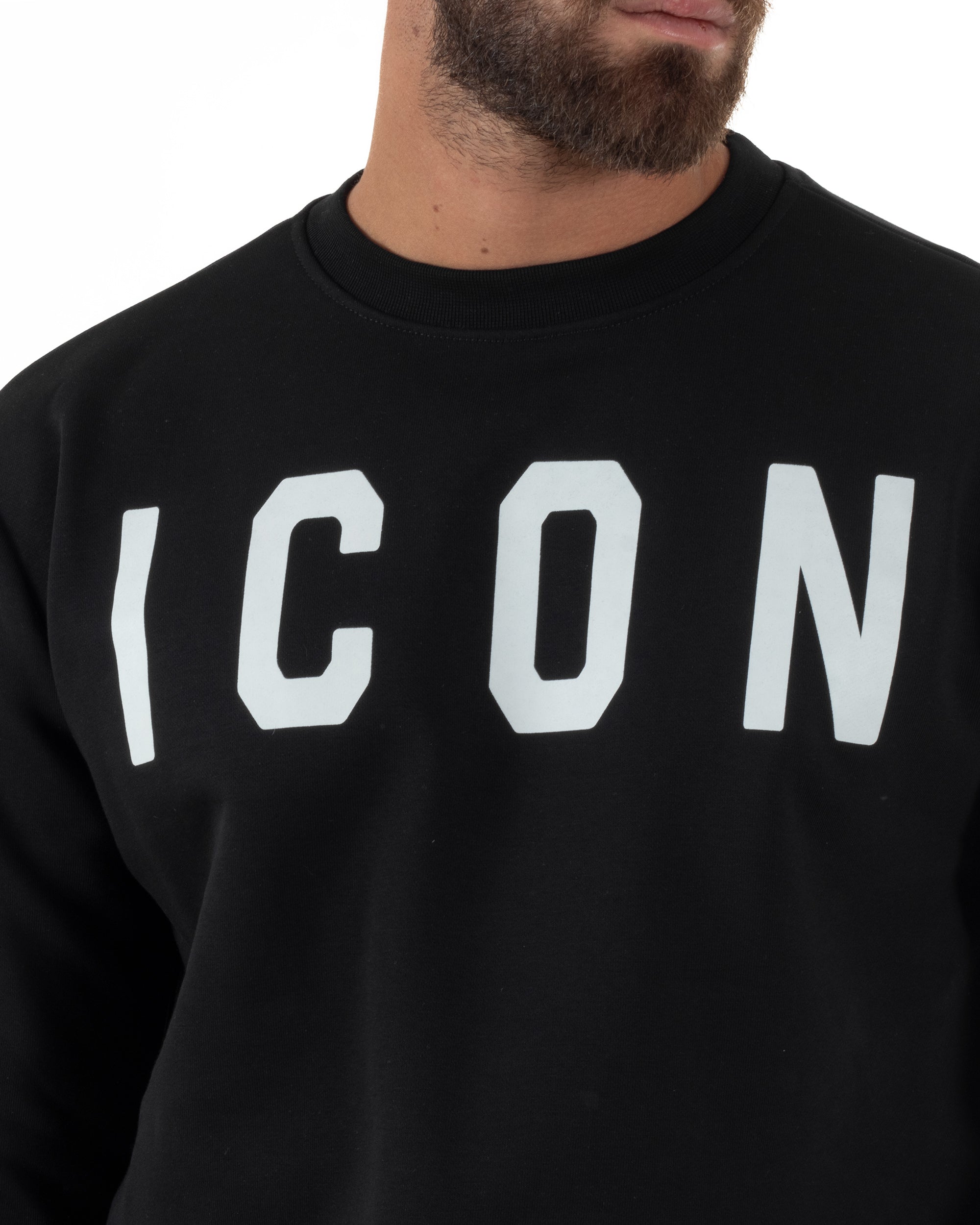 Felpa Uomo Girocollo Stampa Scritta Casual Regular Fit Basic Nero ICON ICUF2W6F001