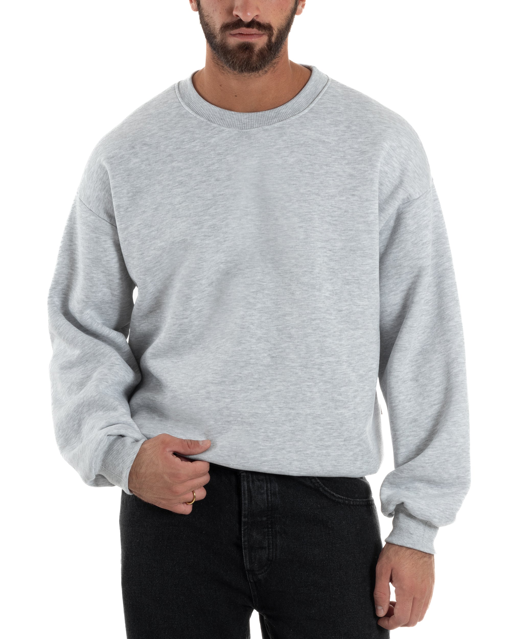Felpa Girocollo Hoodie Boxy Fit Basic Felpata Grigio Chiaro F3053A