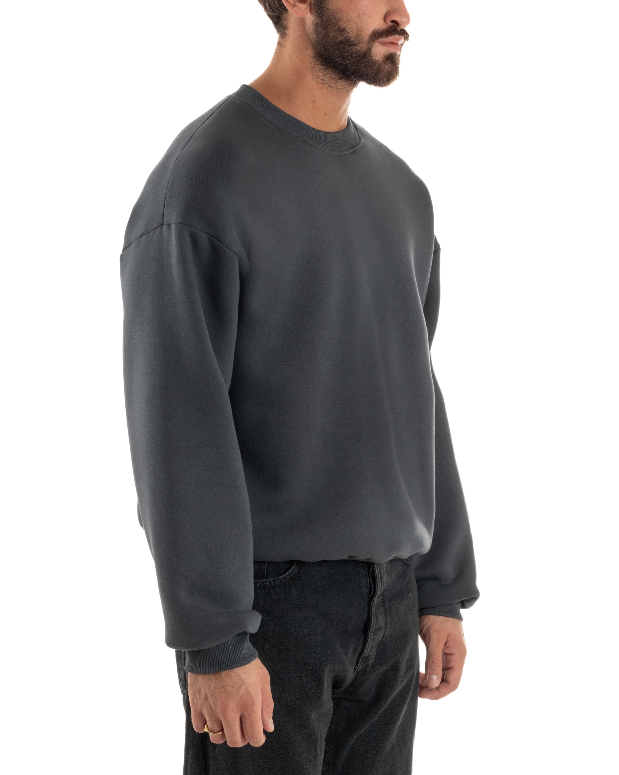 Felpa Girocollo Hoodie Boxy Fit Basic Felpata Piombo F3054A