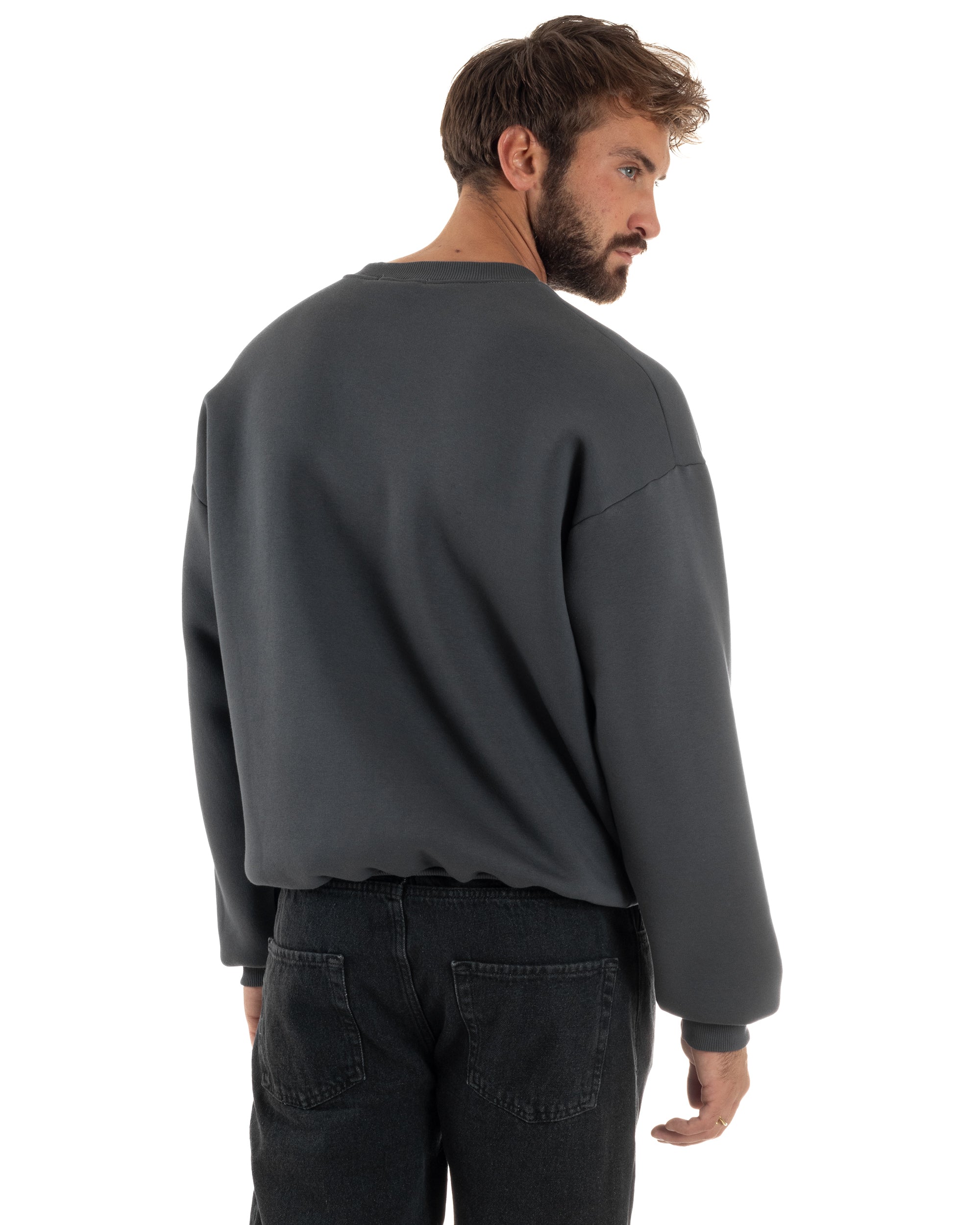 Felpa Girocollo Hoodie Boxy Fit Basic Felpata Piombo F3054A