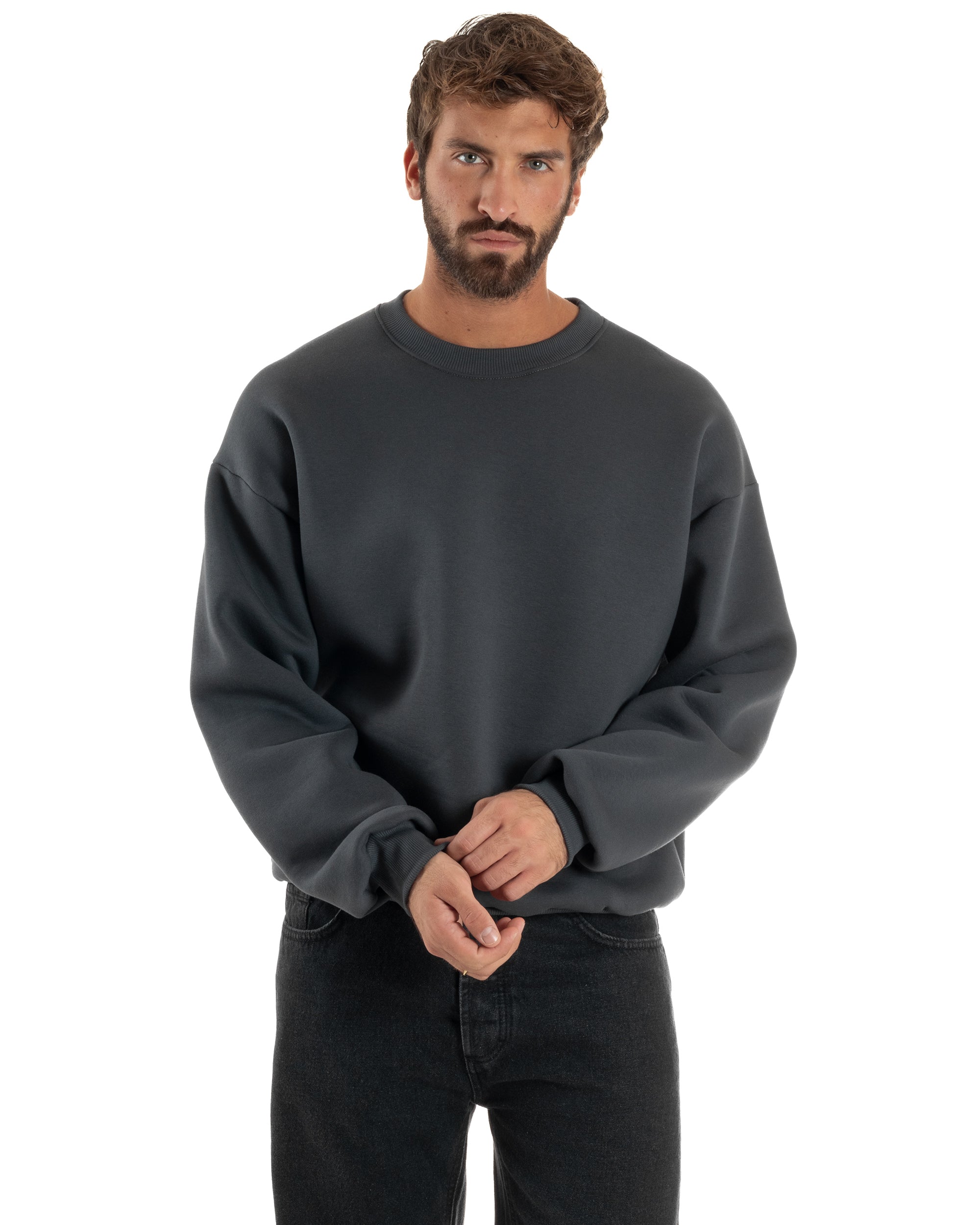 Felpa Girocollo Hoodie Boxy Fit Basic Felpata Piombo F3054A