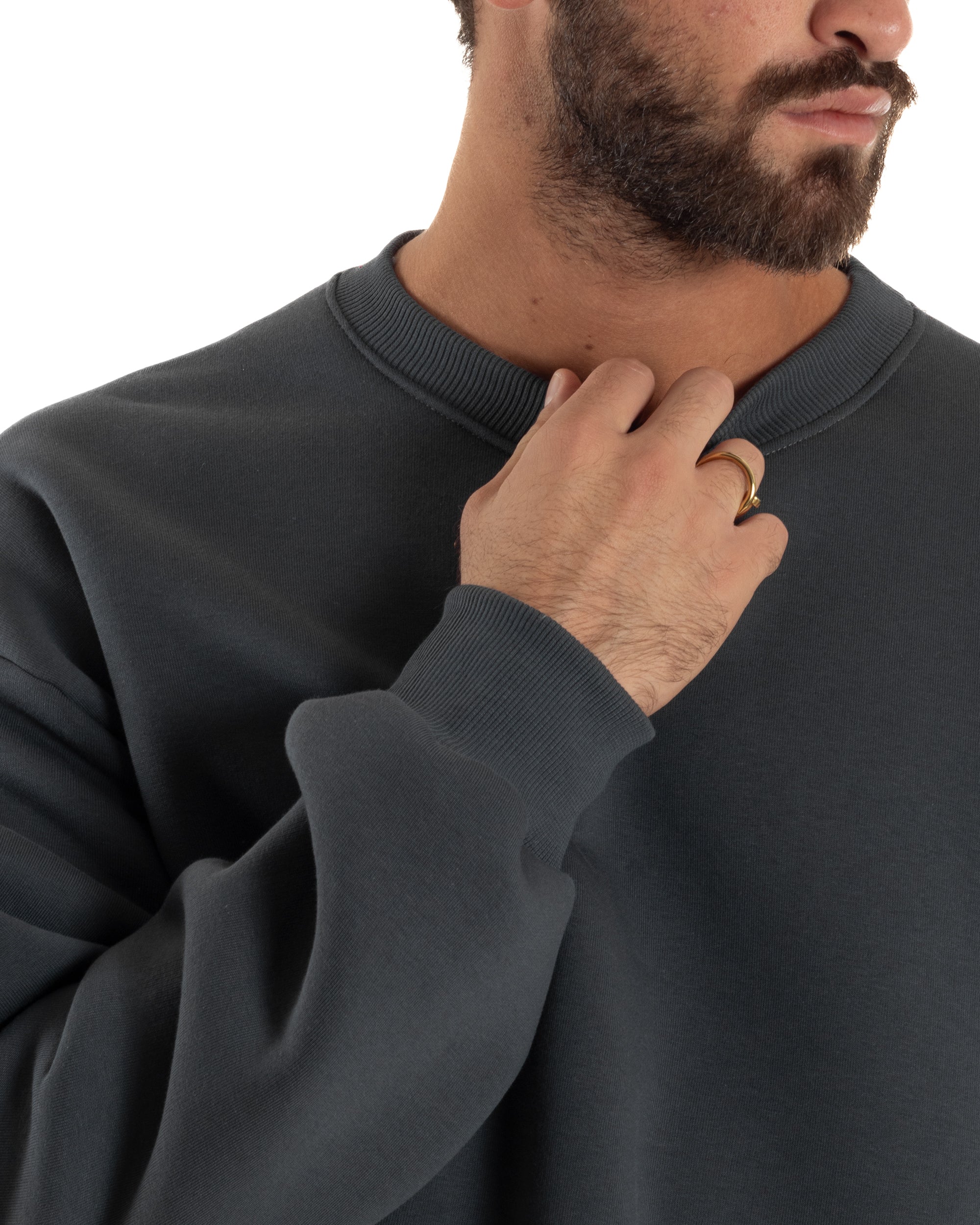 Felpa Girocollo Hoodie Boxy Fit Basic Felpata Piombo F3054A