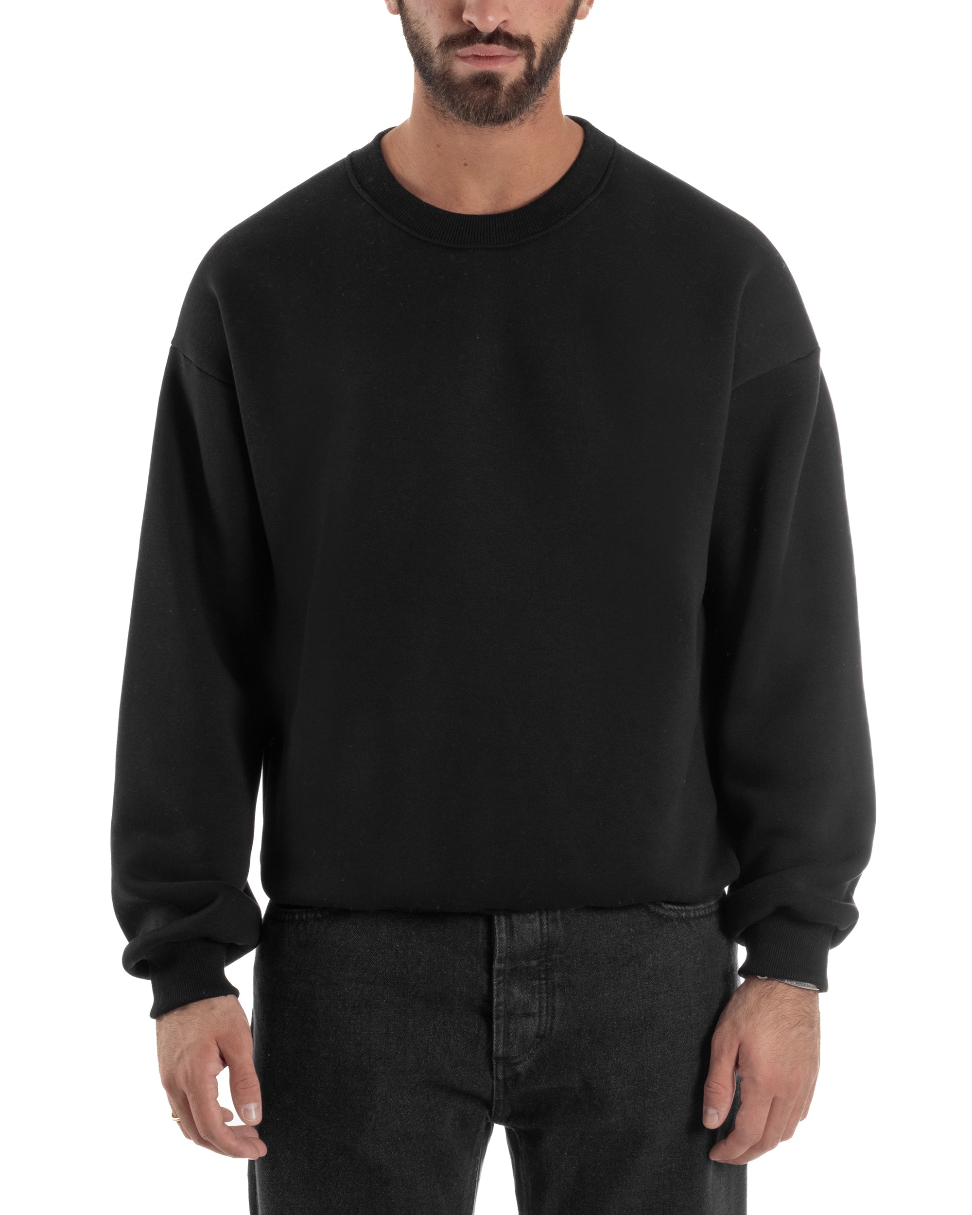 Felpa Girocollo Hoodie Boxy Fit Basic Felpata Nero F3055A