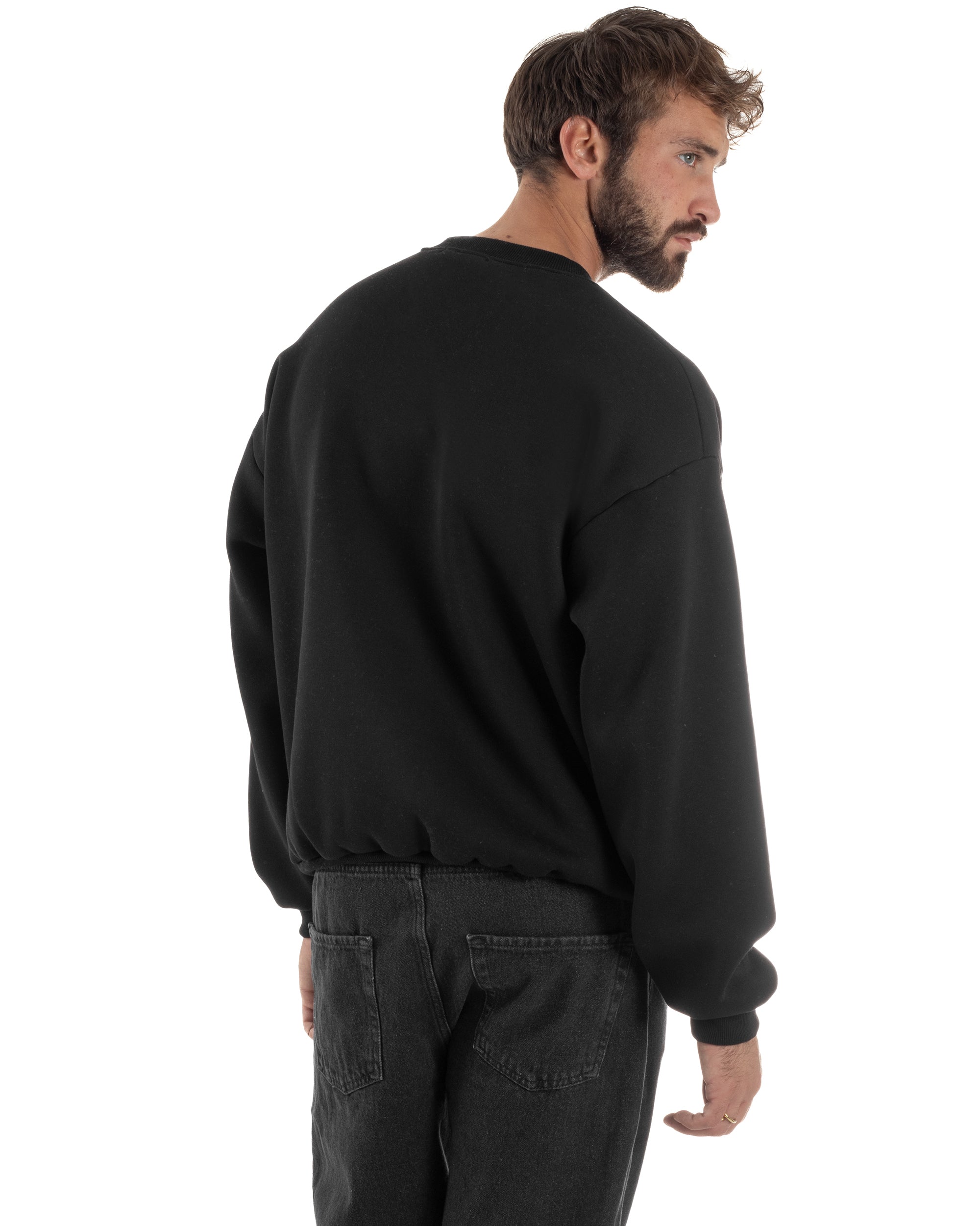 Felpa Girocollo Hoodie Boxy Fit Basic Felpata Nero F3055A