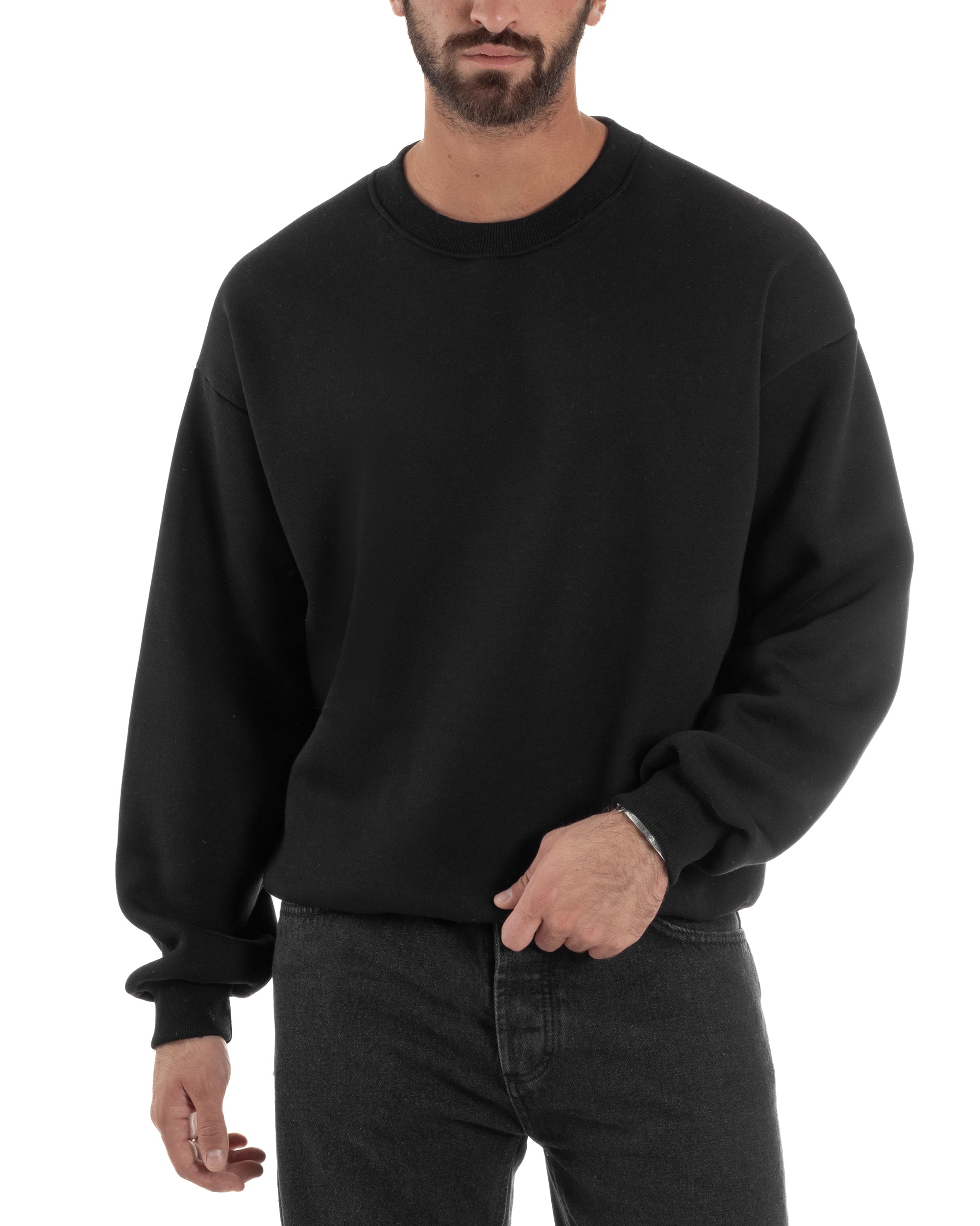 Felpa Girocollo Hoodie Boxy Fit Basic Felpata Nero F3055A