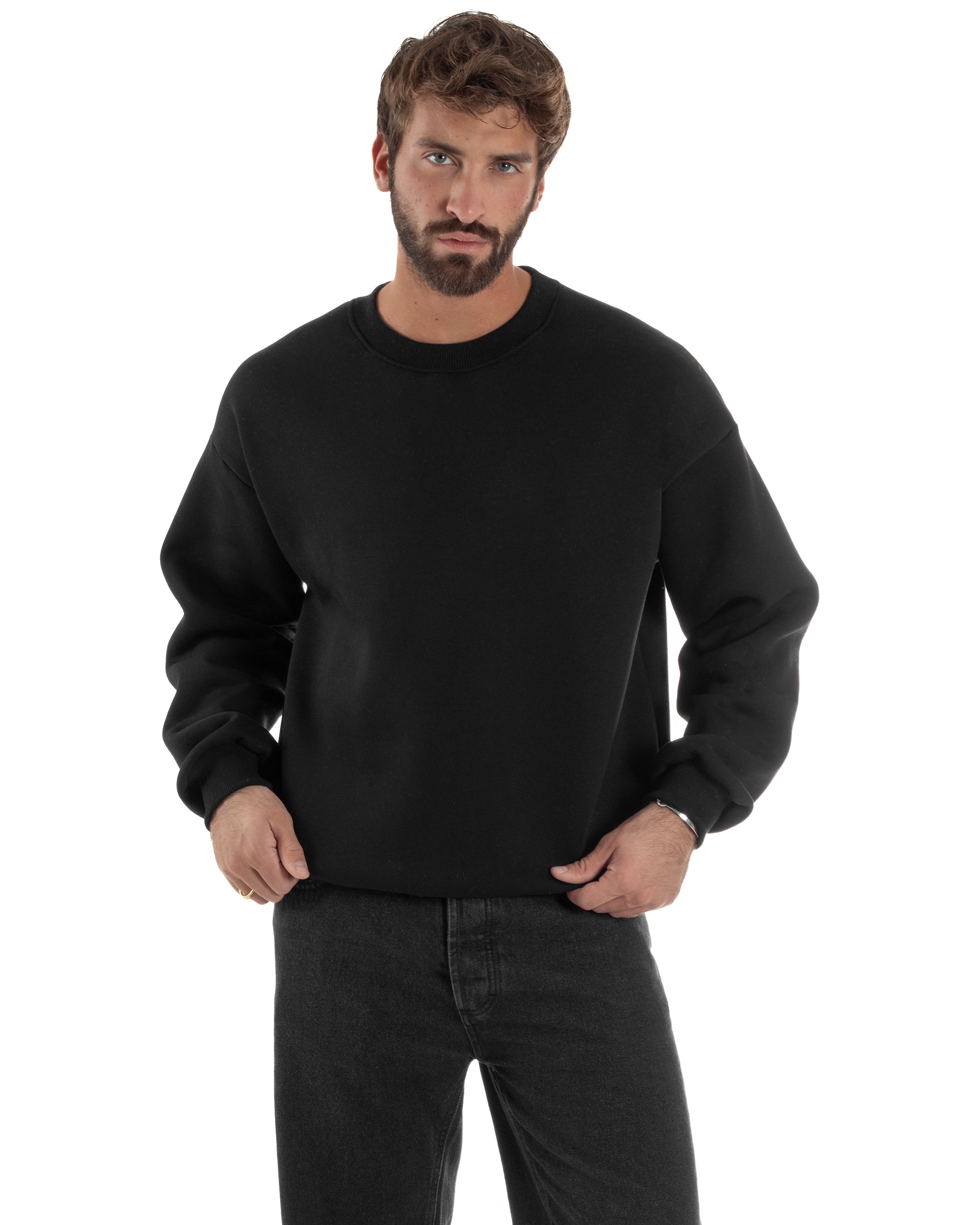 Felpa Girocollo Hoodie Boxy Fit Basic Felpata Nero F3055A