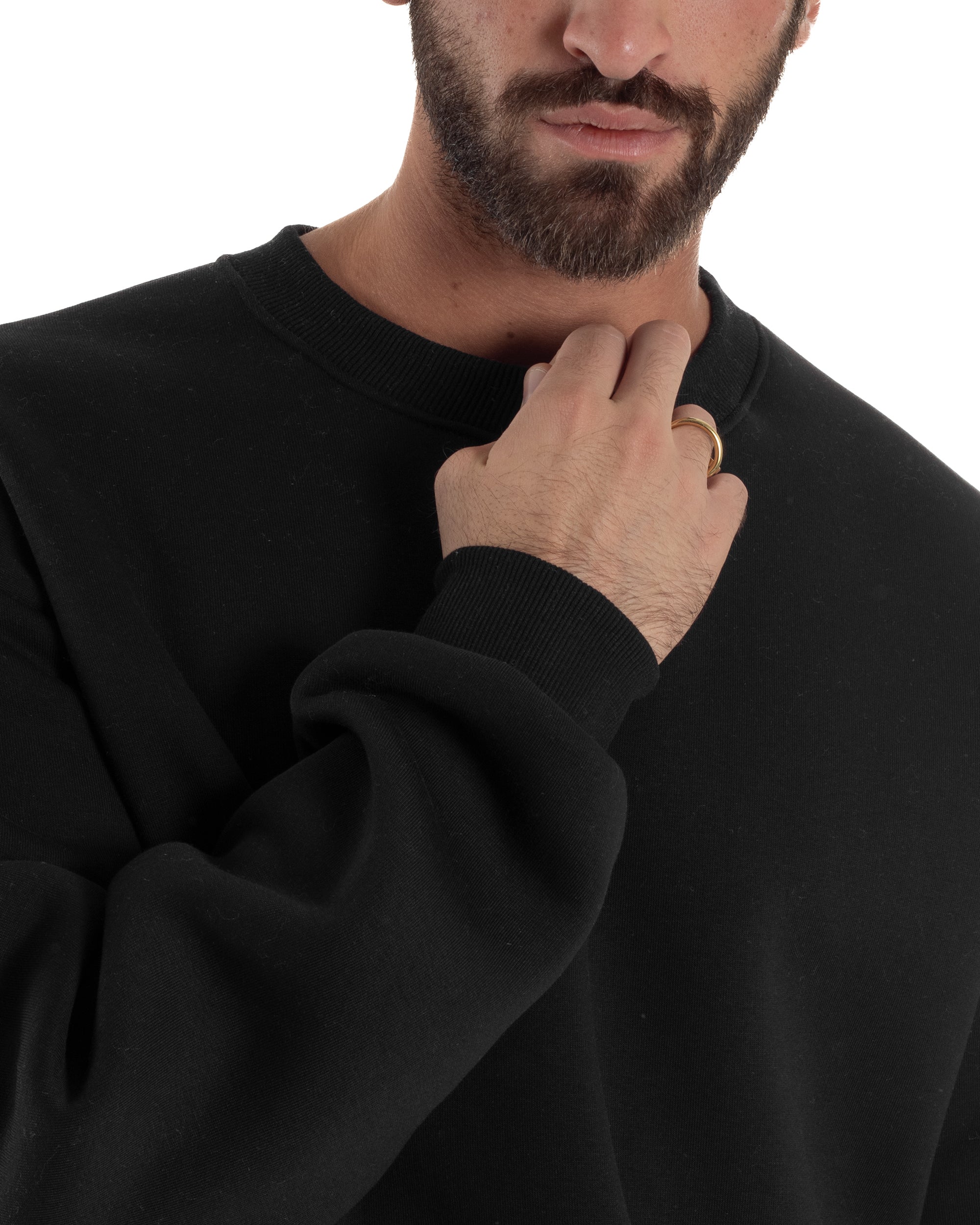 Felpa Girocollo Hoodie Boxy Fit Basic Felpata Nero F3055A