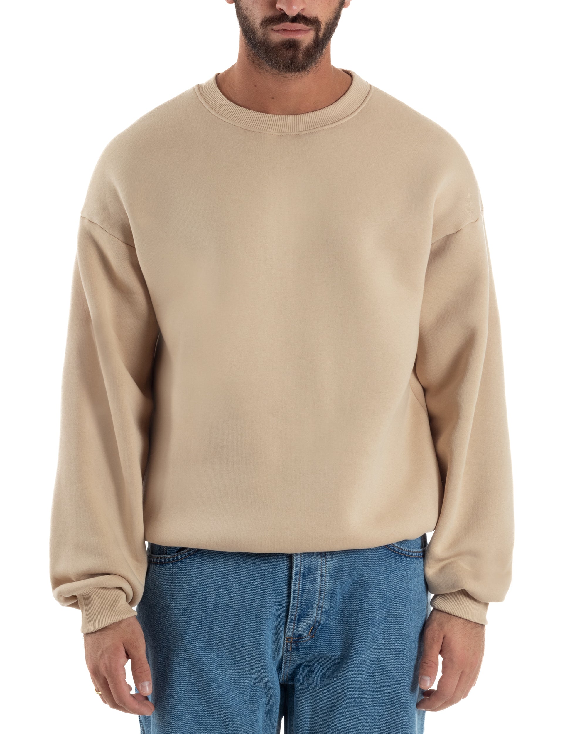 Felpa Girocollo Hoodie Boxy Fit Basic Felpata Beige F3056A