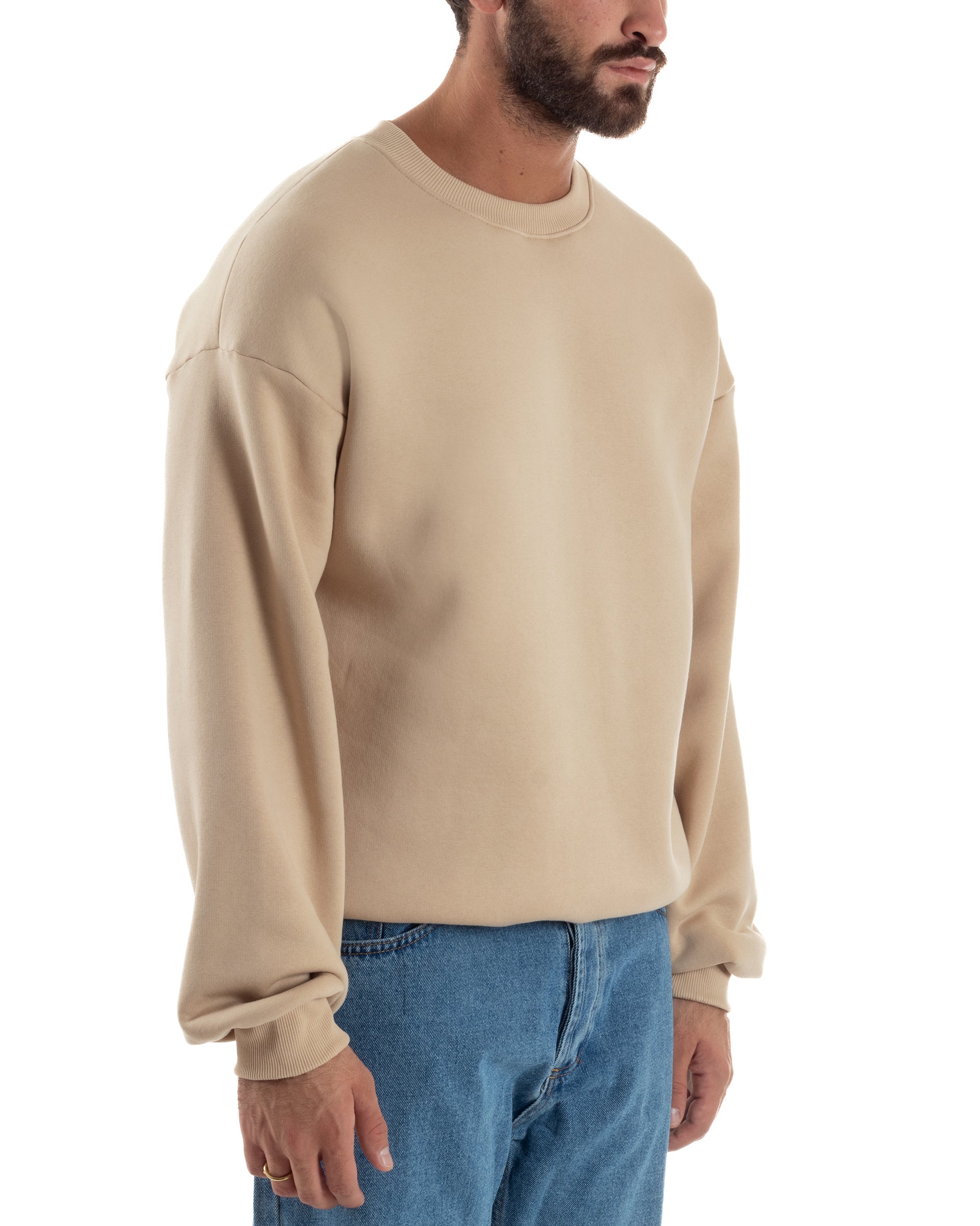 Felpa Girocollo Hoodie Boxy Fit Basic Felpata Beige F3056A