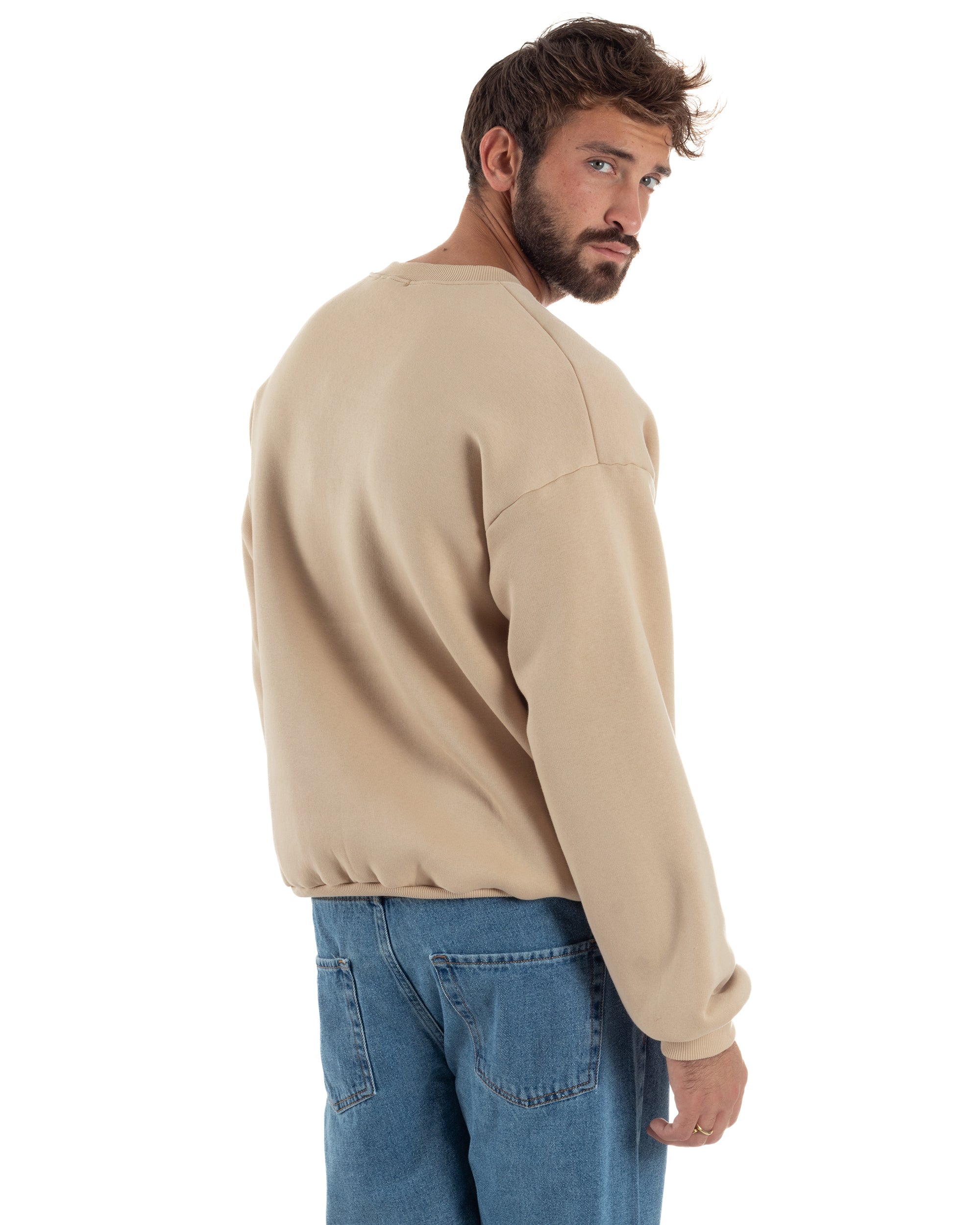 Felpa Girocollo Hoodie Boxy Fit Basic Felpata Beige F3056A