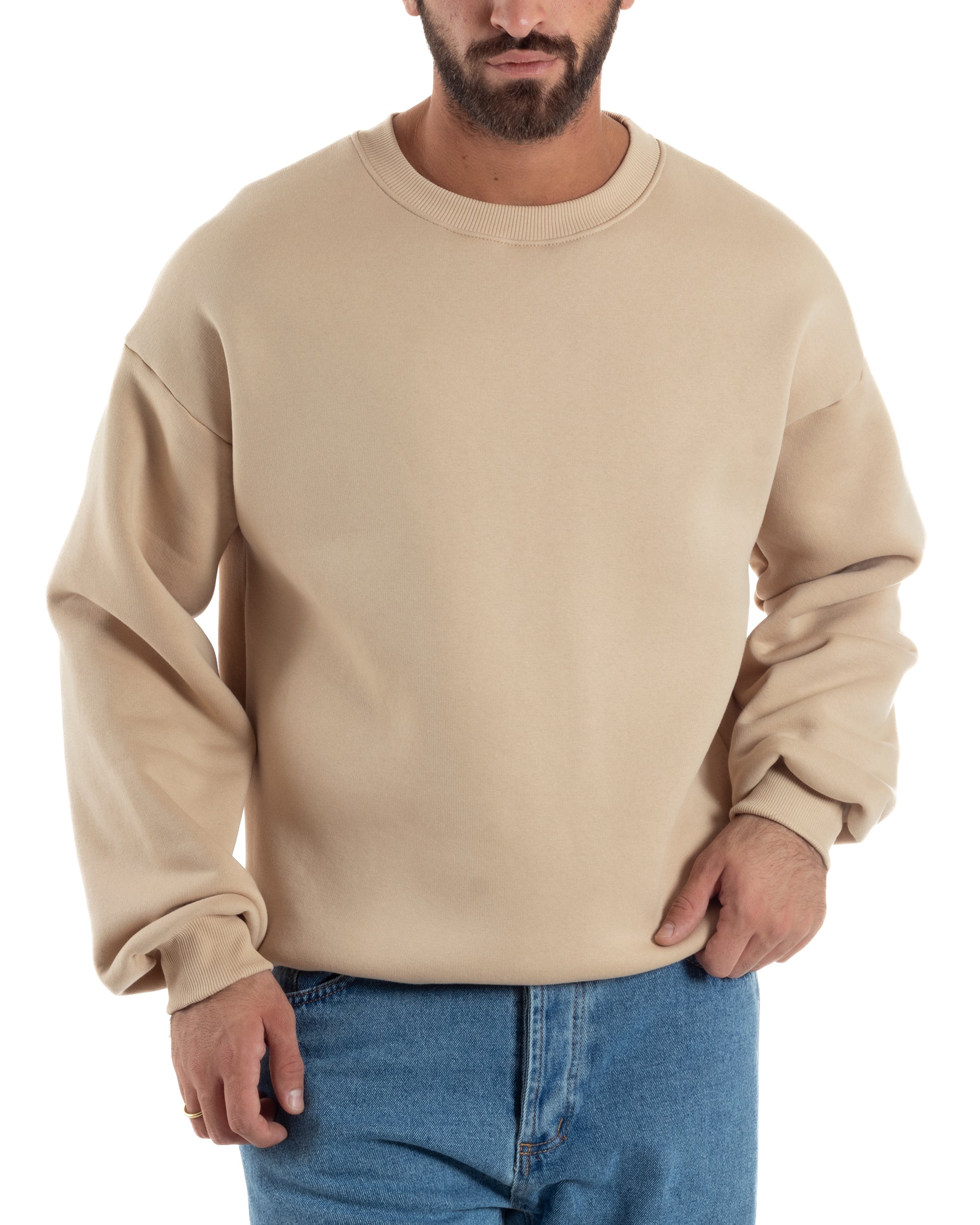 Felpa Girocollo Hoodie Boxy Fit Basic Felpata Beige F3056A