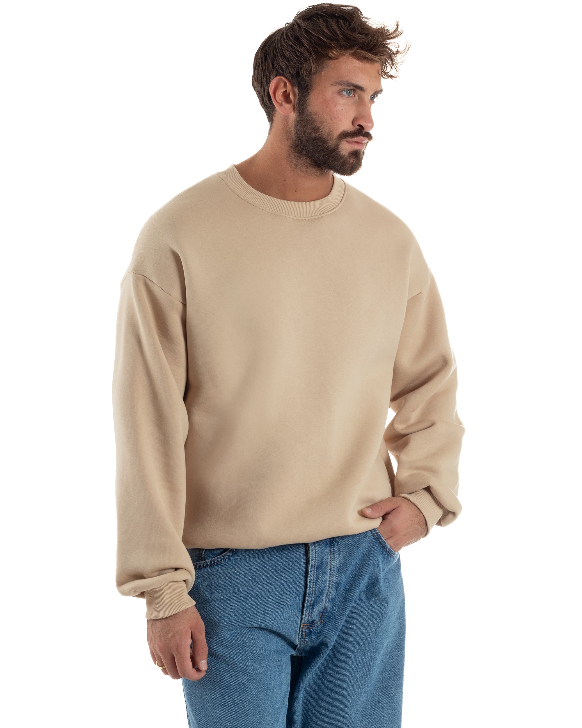 Felpa Girocollo Hoodie Boxy Fit Basic Felpata Beige F3056A