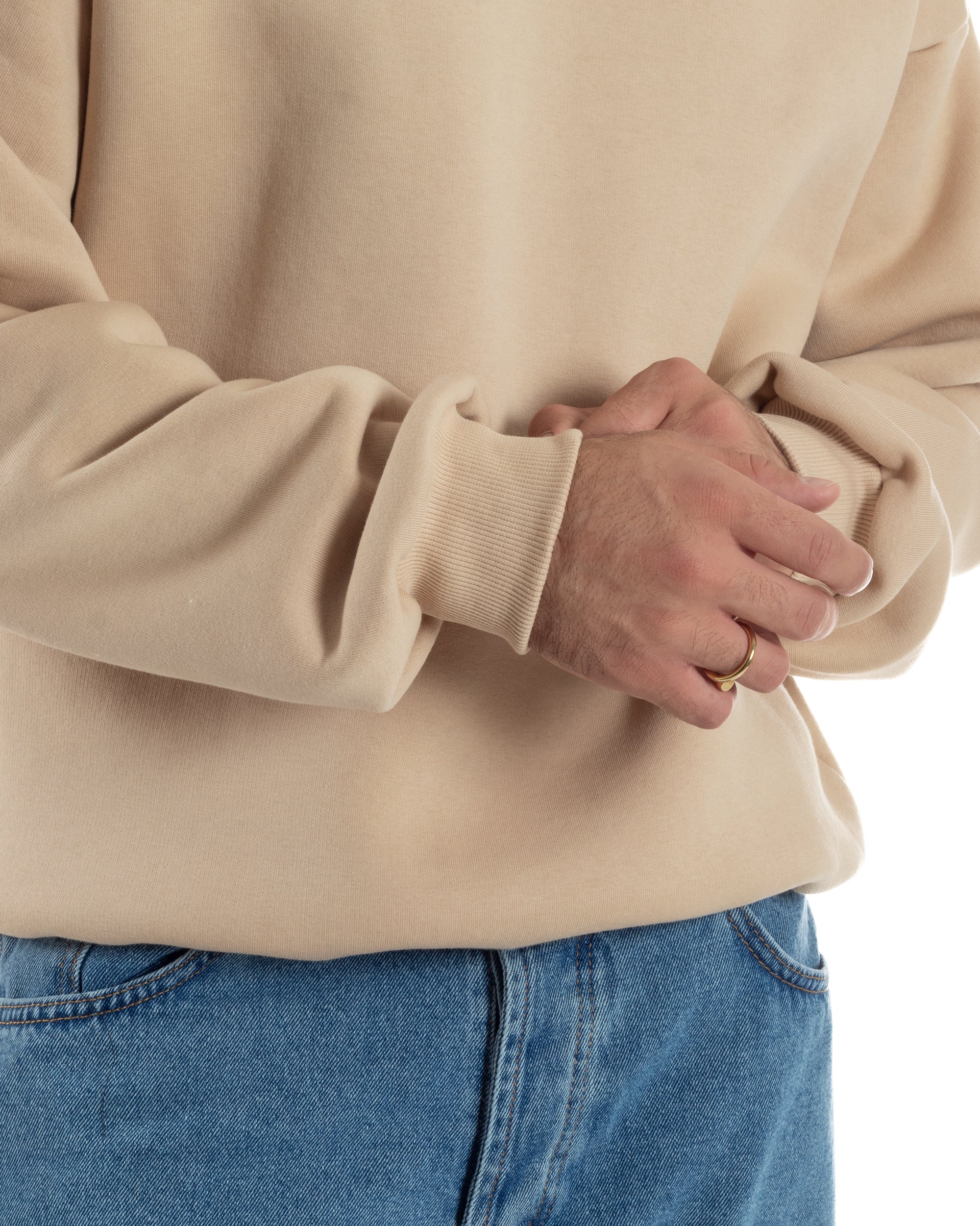 Felpa Girocollo Hoodie Boxy Fit Basic Felpata Beige F3056A