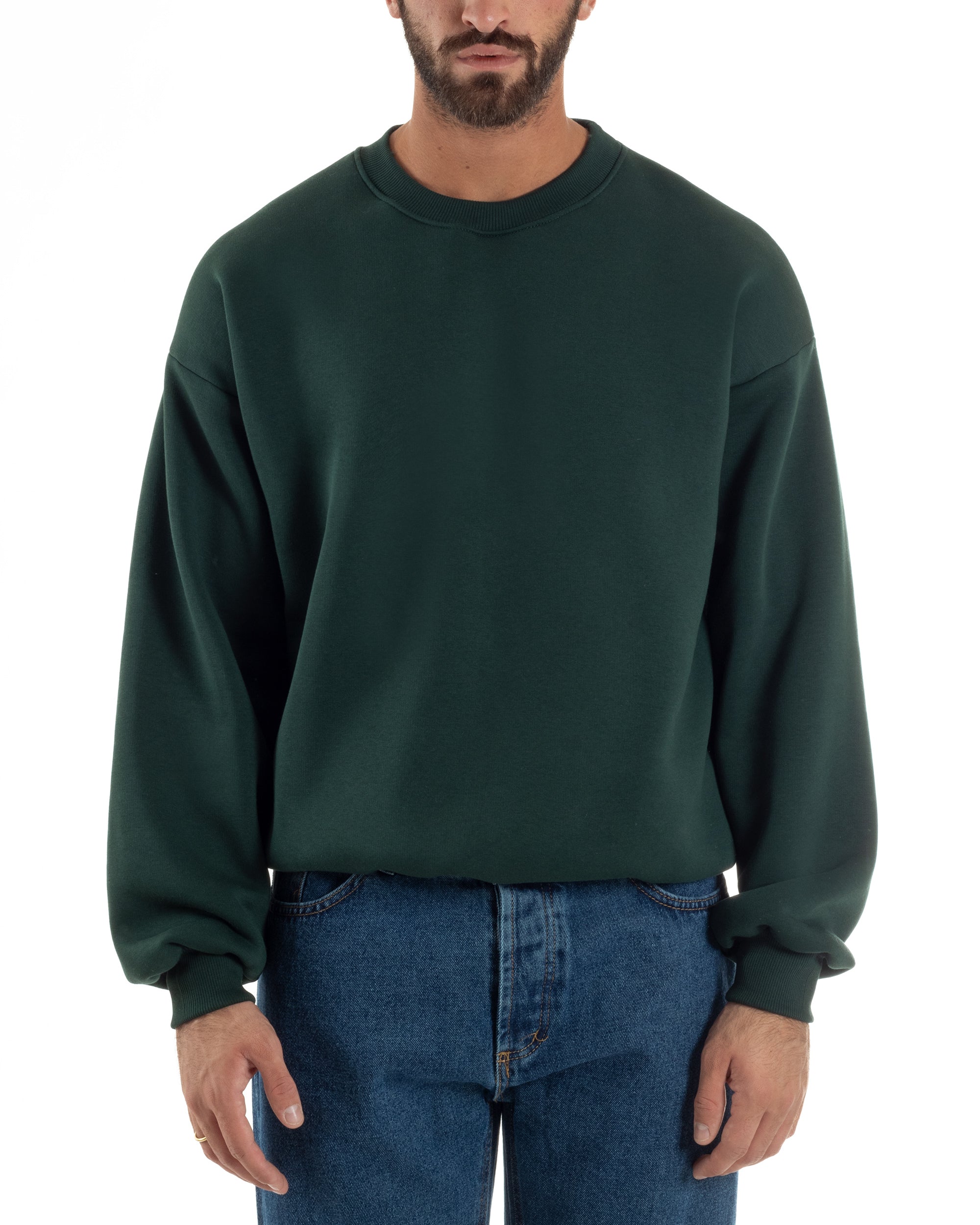 Felpa Girocollo Hoodie Boxy Fit Basic Felpata Verde F3057A