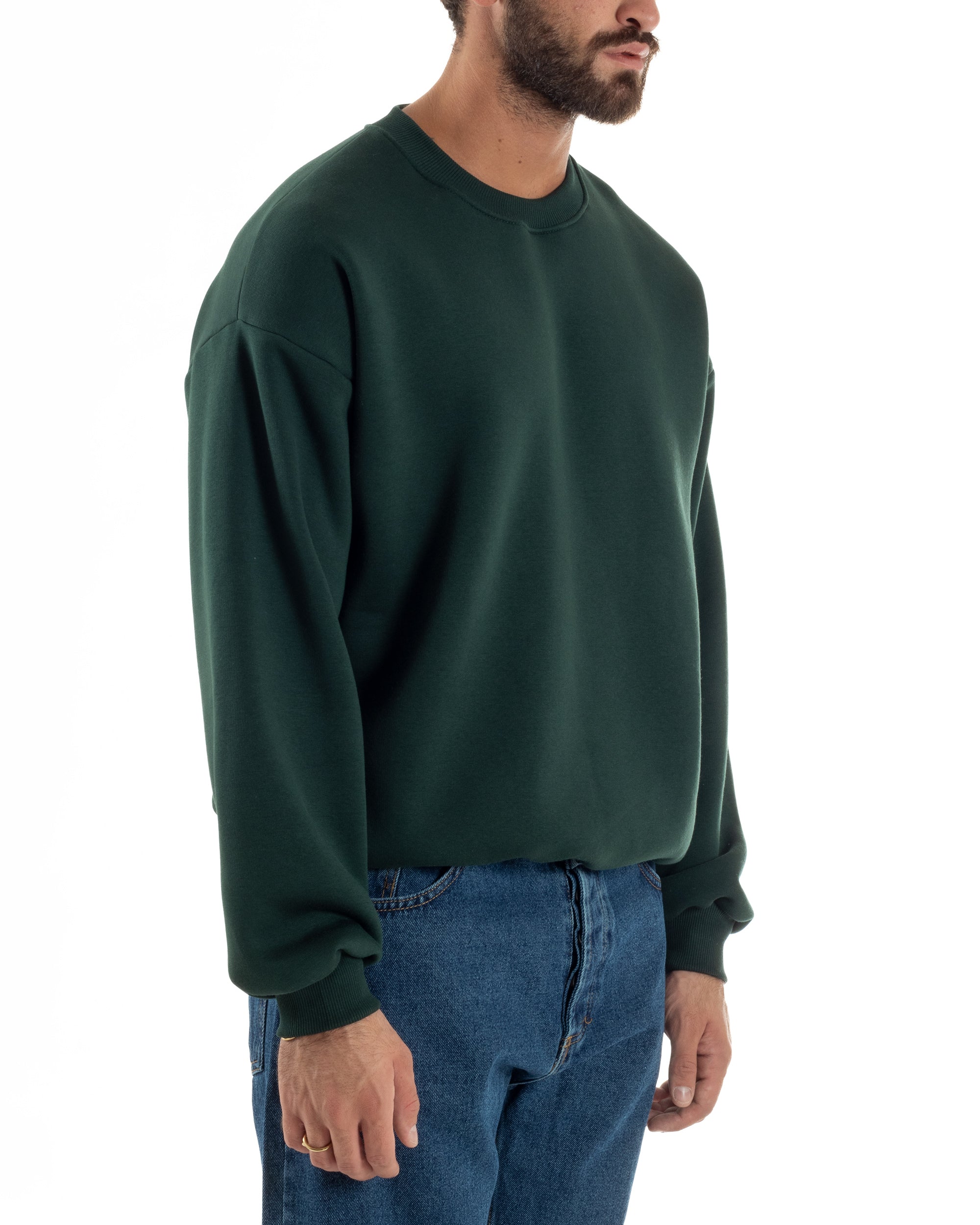 Felpa Girocollo Hoodie Boxy Fit Basic Felpata Verde F3057A