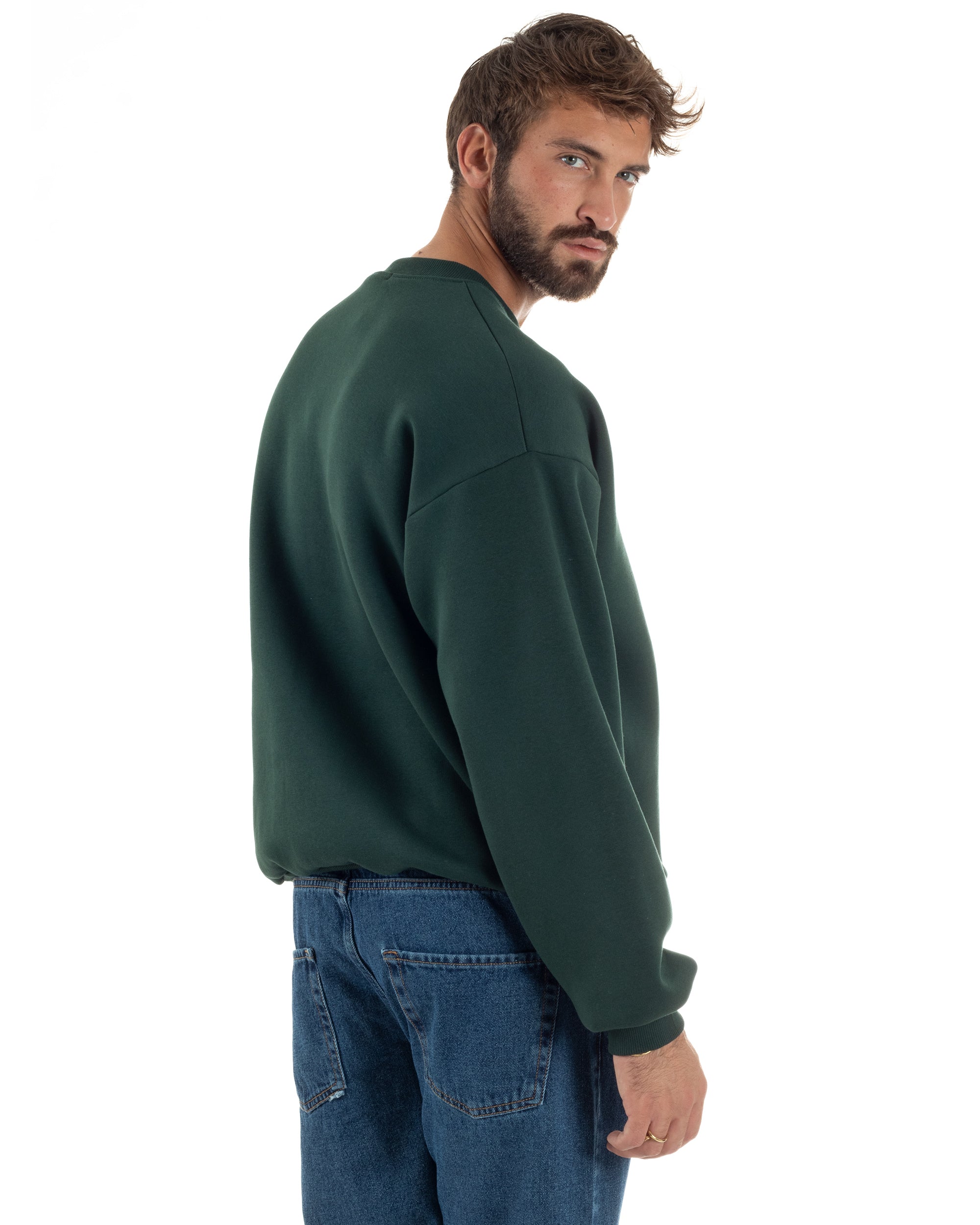 Felpa Girocollo Hoodie Boxy Fit Basic Felpata Verde F3057A