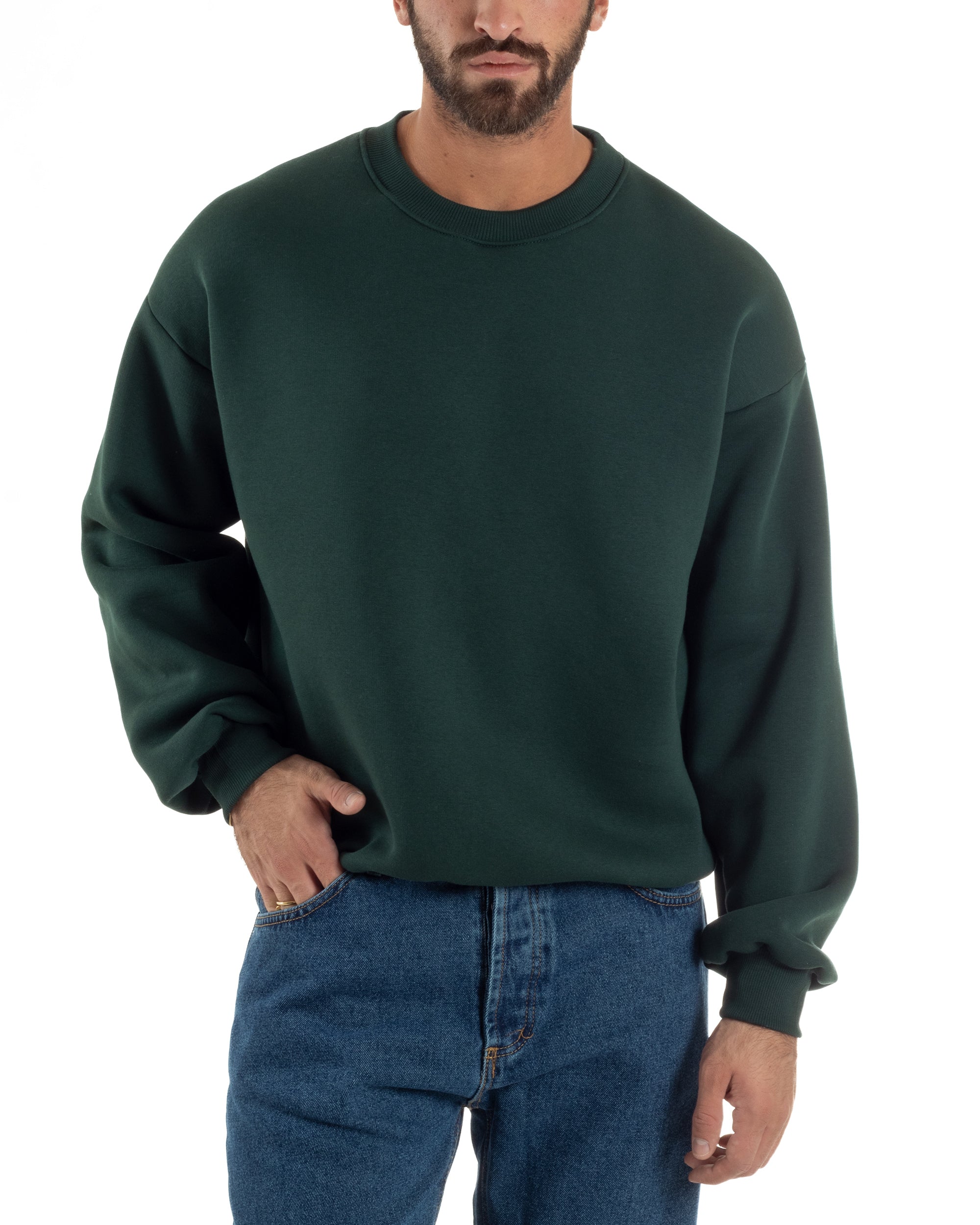 Felpa Girocollo Hoodie Boxy Fit Basic Felpata Verde F3057A