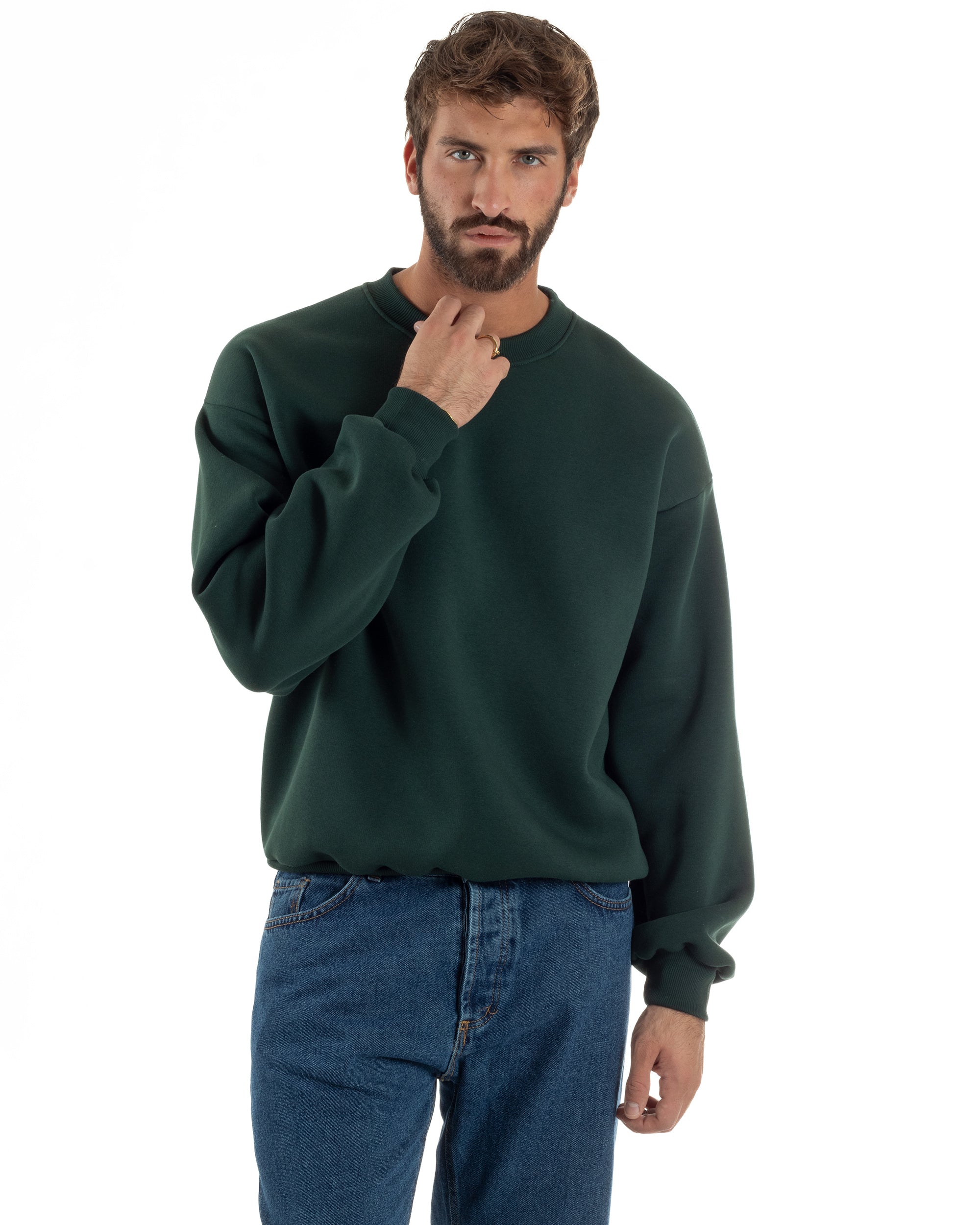 Felpa Girocollo Hoodie Boxy Fit Basic Felpata Verde F3057A